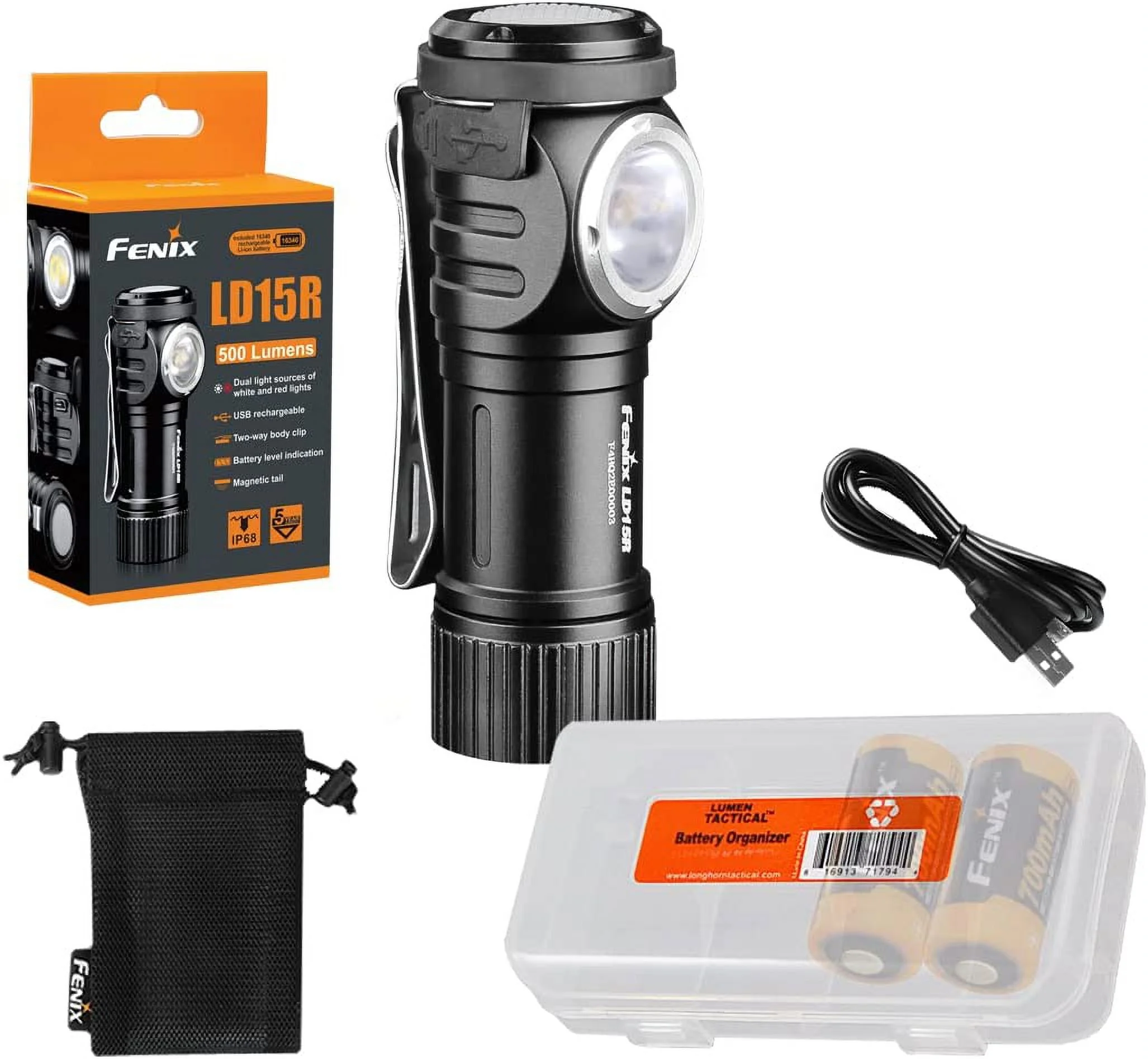 Fenix LD15R 500 Lumen Right-Angle White & Red LED Rechargeable Mini Flashlight with 2X ARB-L & LumenTac Organizer