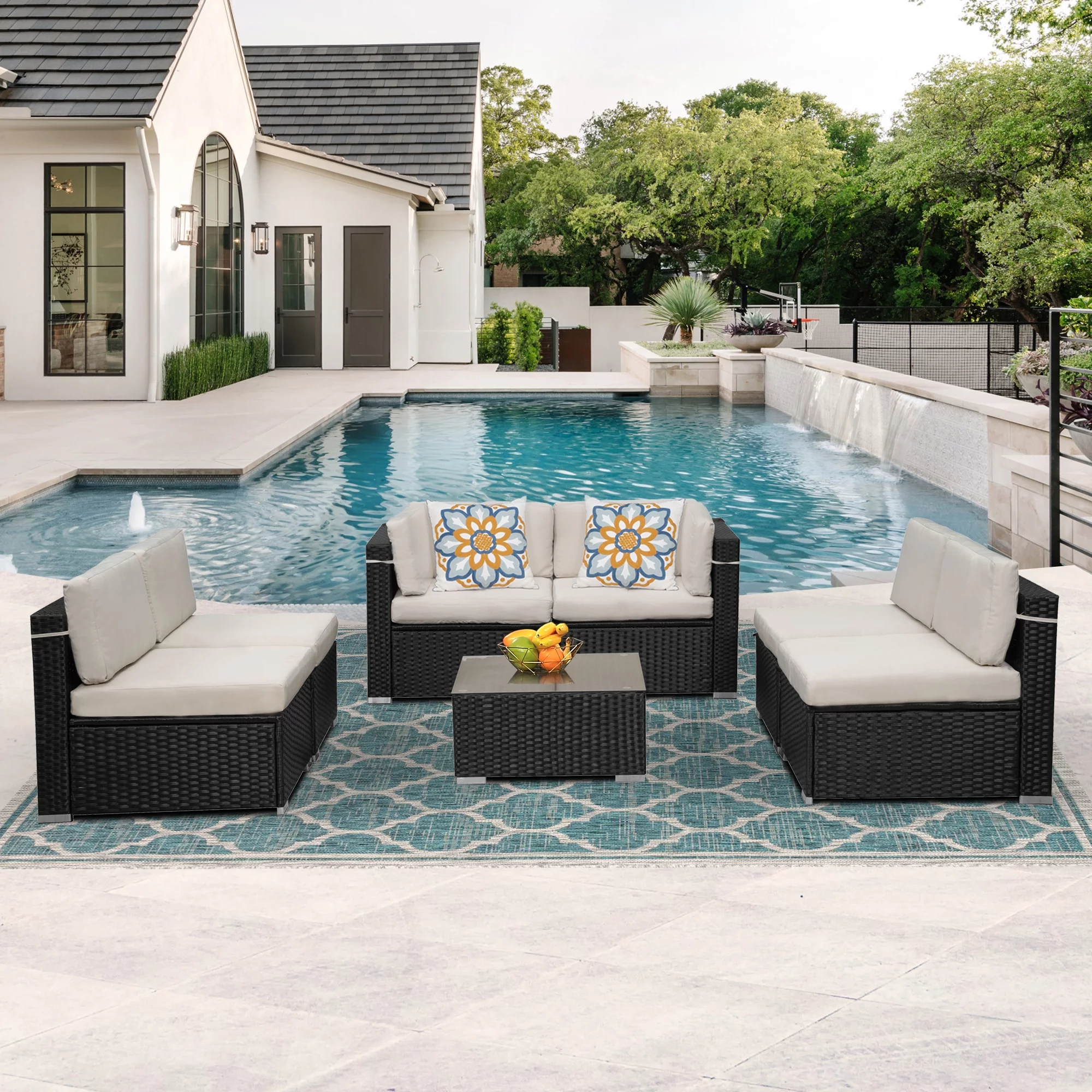 Cozyhom 7 Piece Outdoor Patio Furniture Set, PE Rattan Wicker Sectional Sofa Set with Coffee Table, Beige