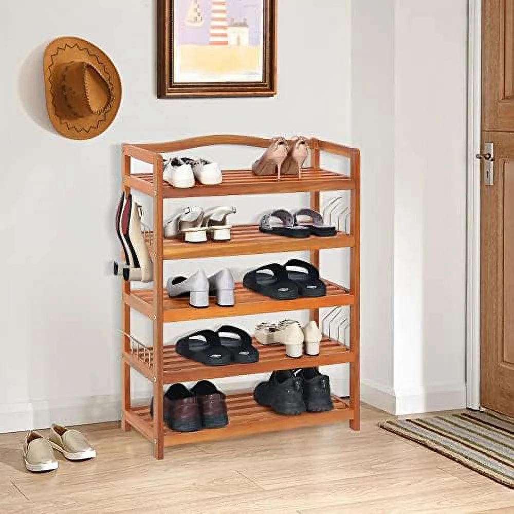 TJCGDTY 5-Tier Shoe Rack  Acacia Wood Shoe  with Side Metal Hooks  Holds up 12-18 Pairs  Shoe Organizer  Shoe   Wooden Shoe Rack for Entryway  33\u2019\u2019Lx10.5\u2019\u2019Wx32.5\u2019