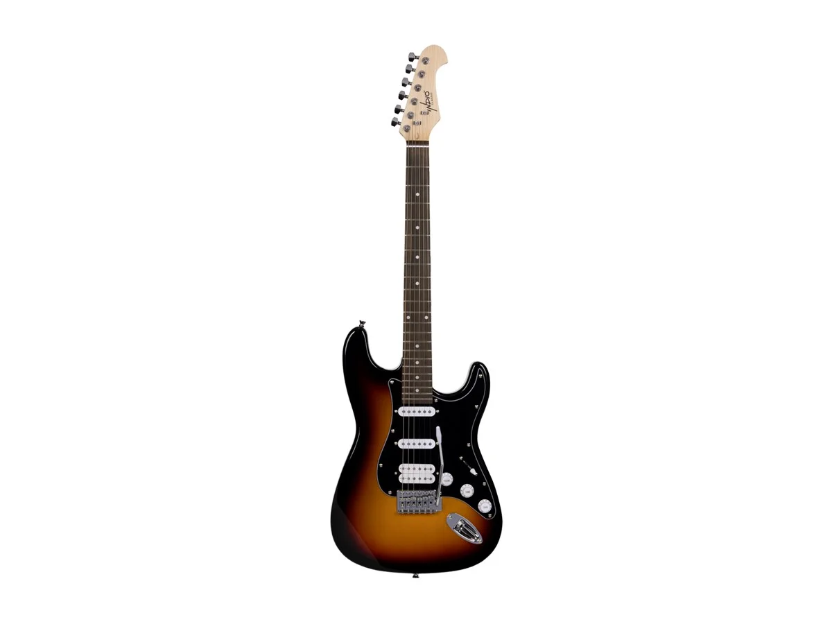 Monoprice Cali Classic HSS Electric Guitar with Gig Bag - Sunburst Body, Black Pickguard, Rosewood Fingerboard - Indio Series