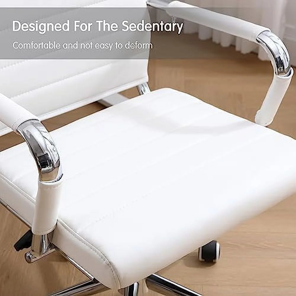 TJCGDTY Home Office Chair Ribbed  Modern Leather Conference Room Chairs  Ergonomic Office Desk Chair  High Back Executive Computer Chair  Adjustable Swivel Chair with Arms (White)