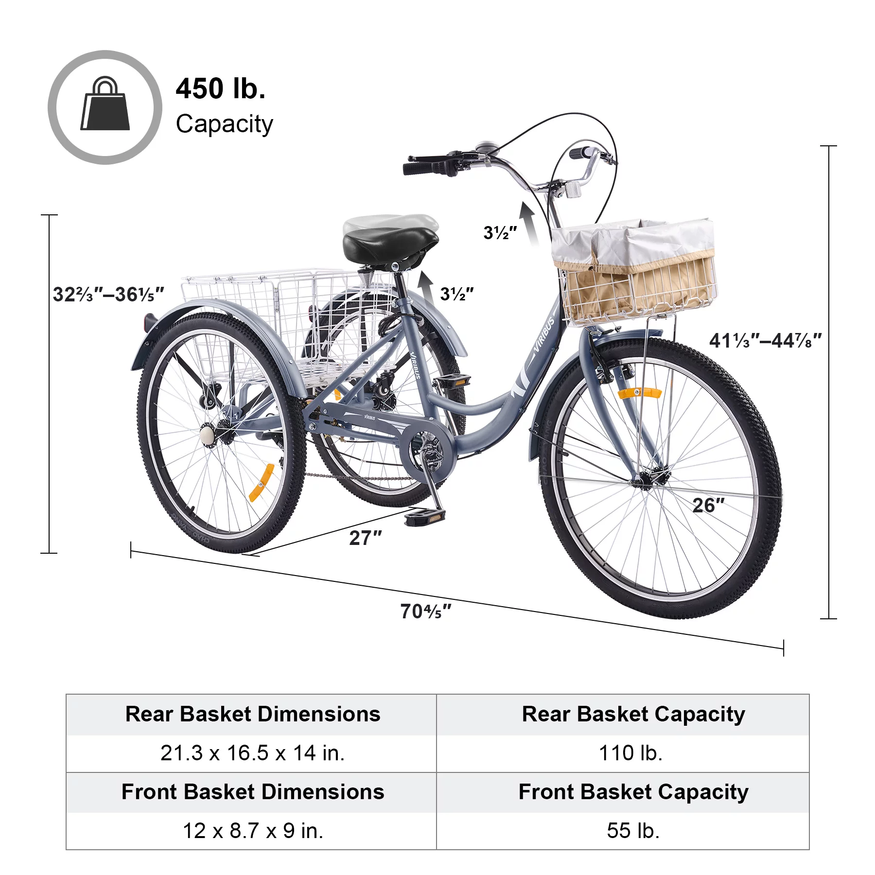 VIRIBUS Tricycle for Adults 26 Inch Bike w 7 Gears Front Rear Basket Matte Gray