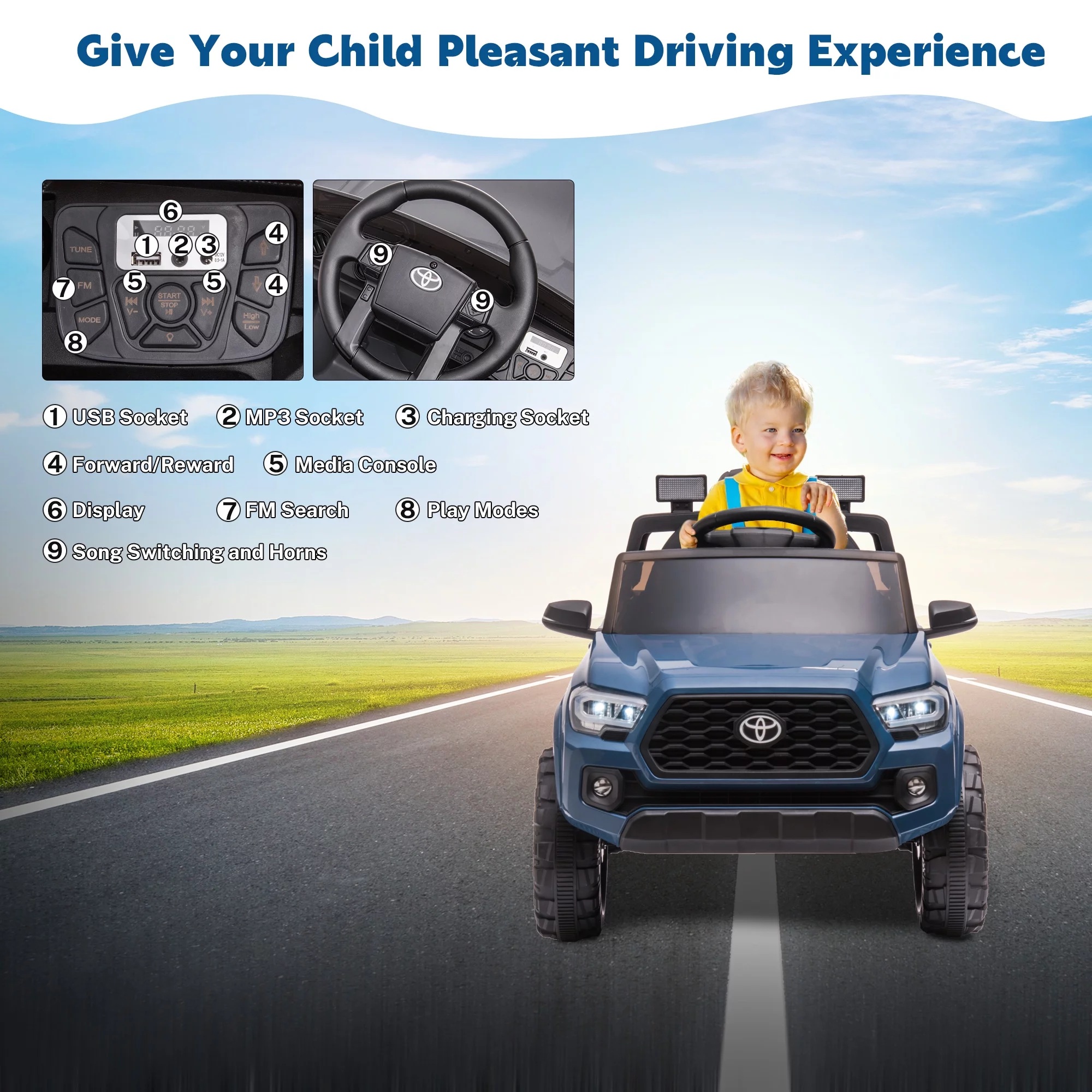 12V Kids Licensed Toyota Tacoma Electric Vehicle, Ride On Car Truck w/ Remote Control, 4 Tries Boys Girls Ride-on Toy with Brakes and Gas Pedal, 2 LED Headlights, Blue, SS2629