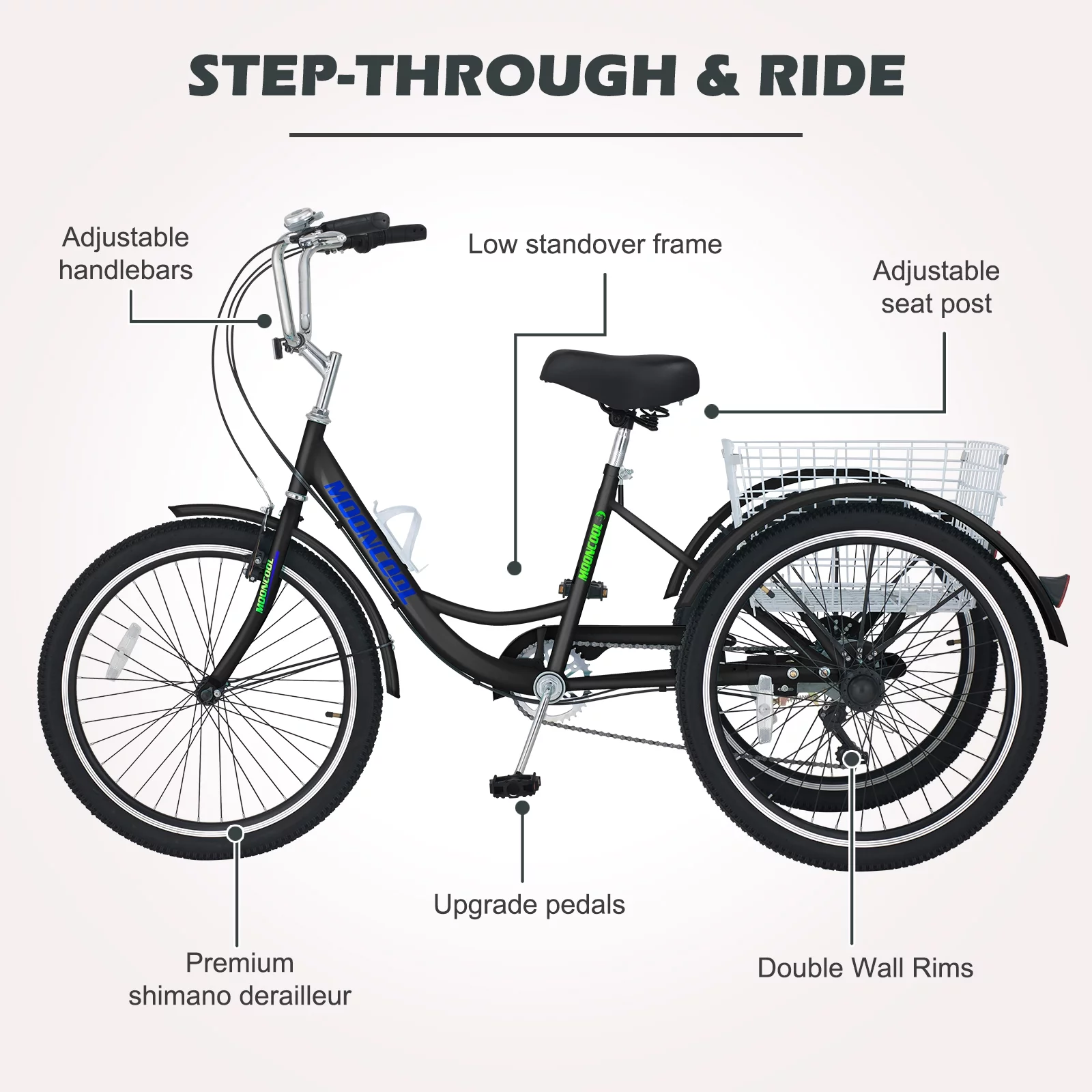 NAIZEA Adult Tricycles ,Three Wheel 7 Speed Bike, 20/24/26 inch Adult Trikes with Basket for Seniors, Women, Men