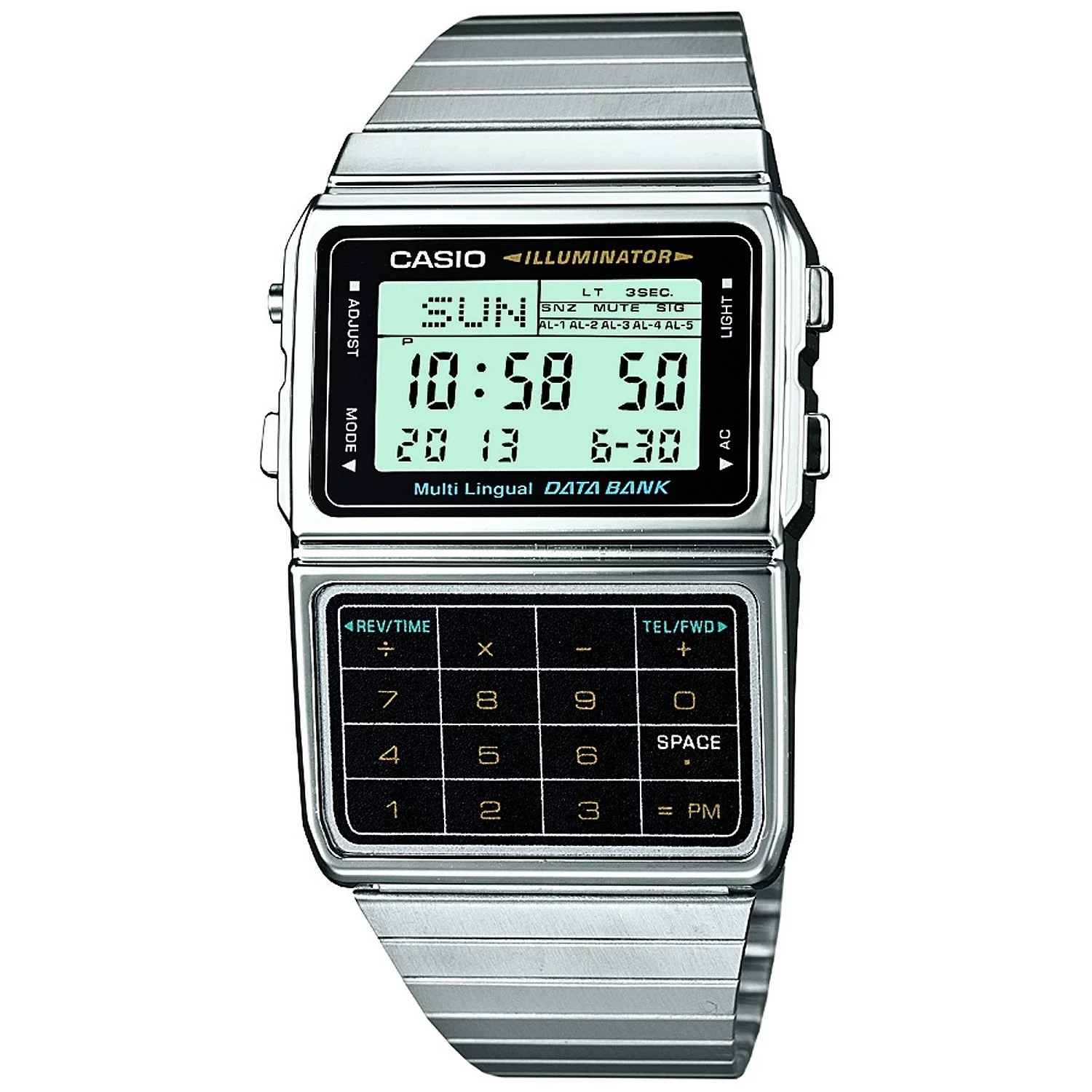 Casio DBC611-1 Mens Stainless Steel Databank Calculator Watch 5 Alarms Stopwatch