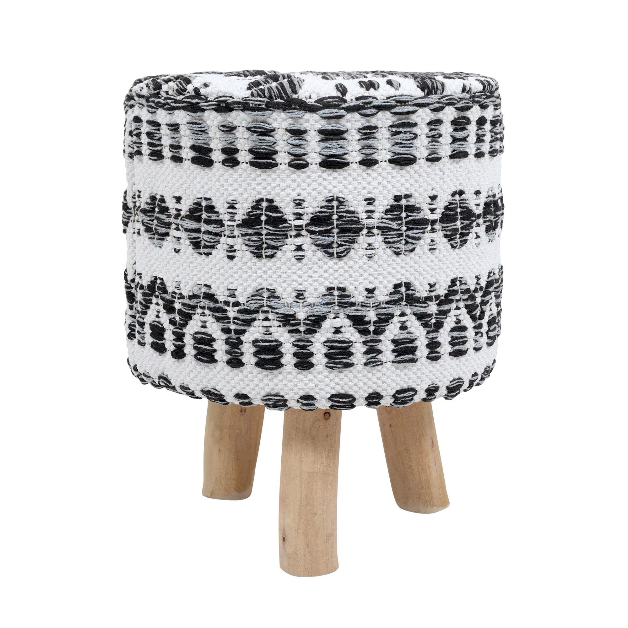Pasargad Home Grandcanyon Cotton with Wooden Legs Pouf Footstool White/Black