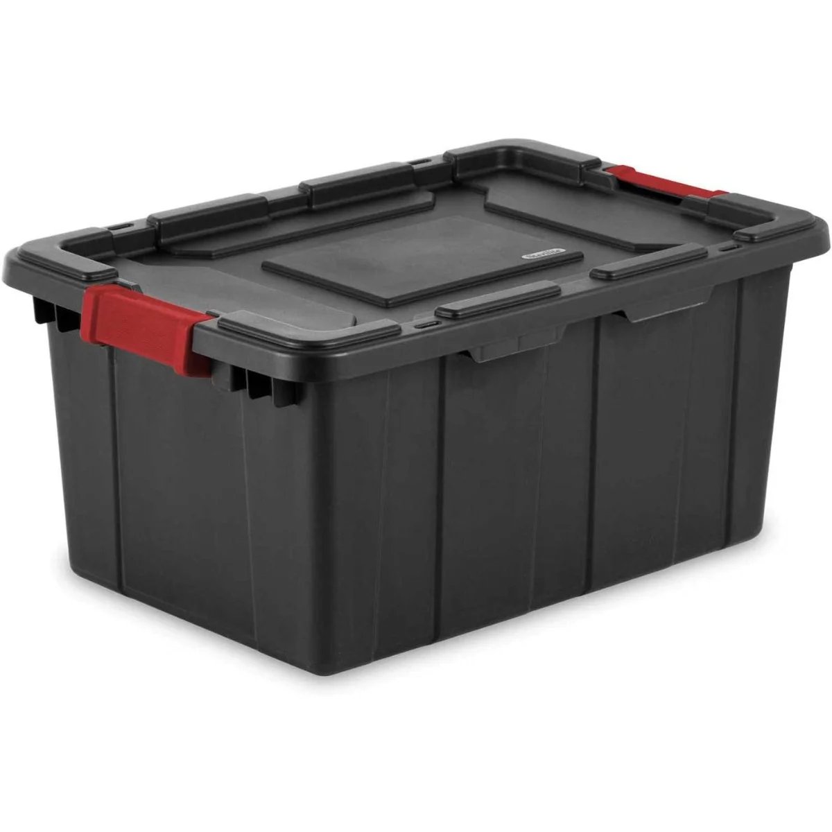 27 Gal Industrial Tote, Stackable Storage Bin with Latching Lid, Plastic Container with Heavy Duty Latches, Black Base and Lid, 4-Pack