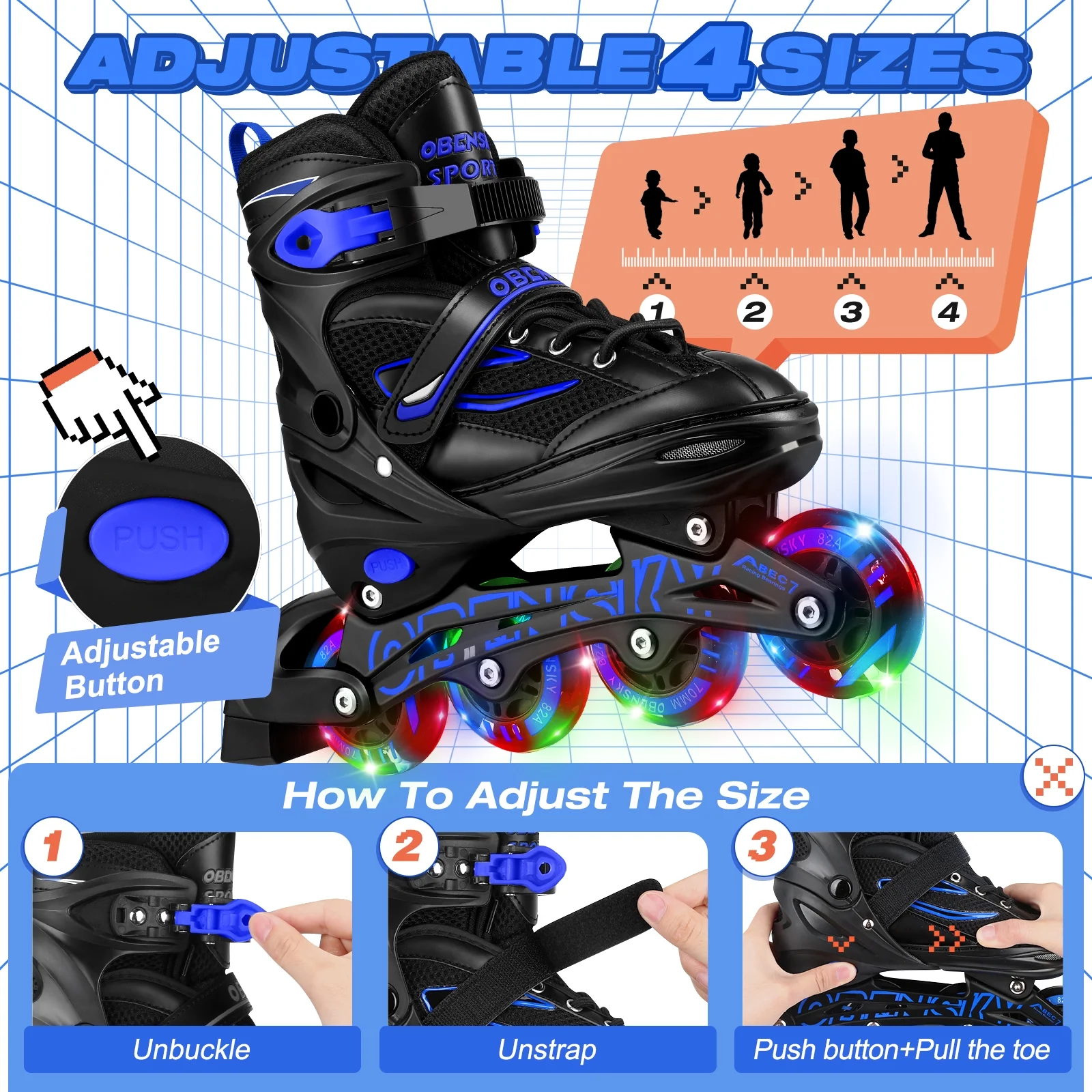 OBENSKY Adjustable Inline Skates, Illuminating Roller Blades for Kids, Boys& Girls Beginner w/ Light up Wheels-Blue