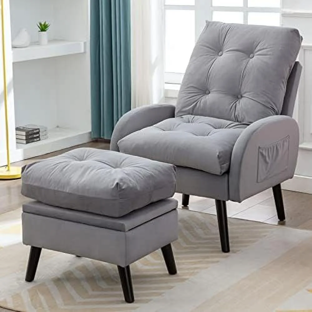 MQLIFEBOOM Accent Recliner Chair with Ottoman with   Modern Velvet Armchair with Adjustable Backrest and Side Pocket  Single Sofa Chair Lounge Chair for Living Room  Bedroom  Office (Blue