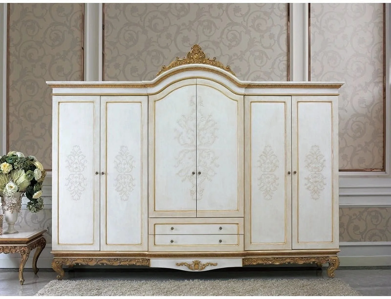 European-style Luxury Heavy Industry Carved Beech Wood Master Bedroom Double Bed White Light Purple