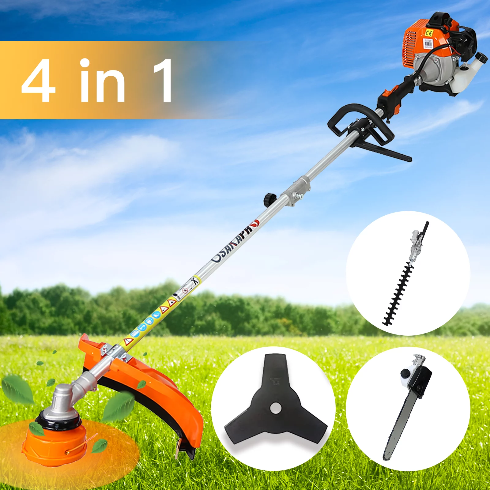 4 in 1 String Trimmer, 33CC 2-Cycle Lawn Edger Grass Brush Cutter, Cordless Mower Garden Tool with Gas Pole Saw and Hedge Trimmer, for Home Commercial Grass Lawn Care