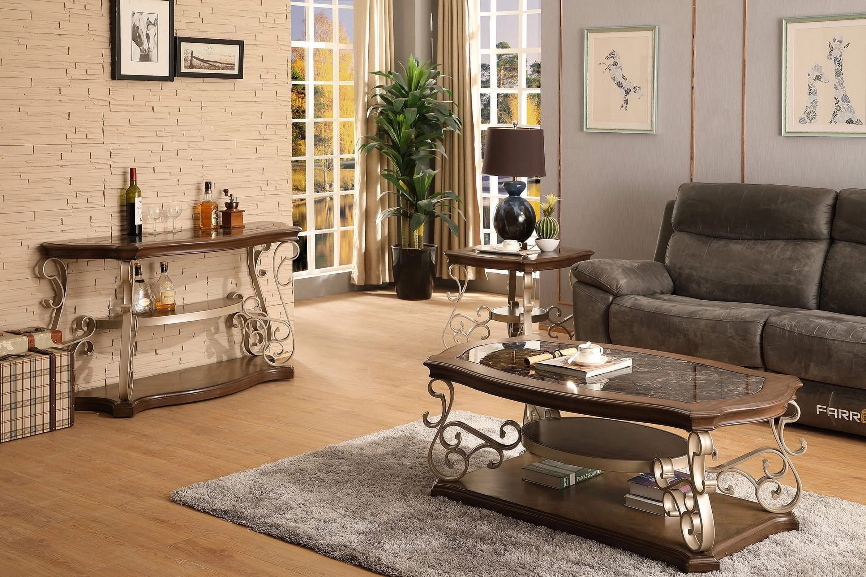 Glavbiku Retro Coffee Table with Marble Top,Champagne Metal Legs End Table,Brown,26.2