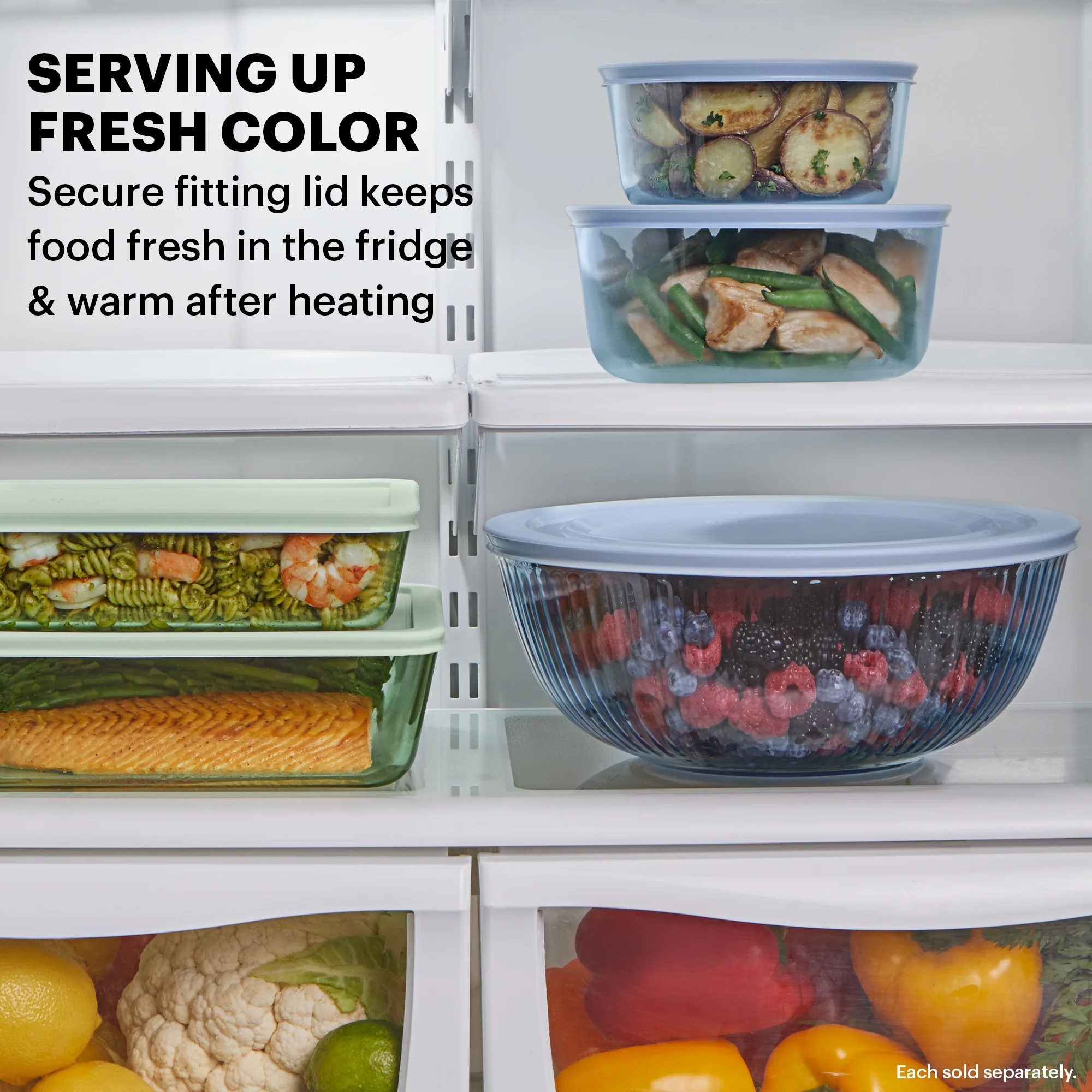 Pyrex Sculpted Tinted 4-Piece Glass Mixing Bowl Set with Airtight Plastic Lids, 2.3qt Green/4.5qt Blue