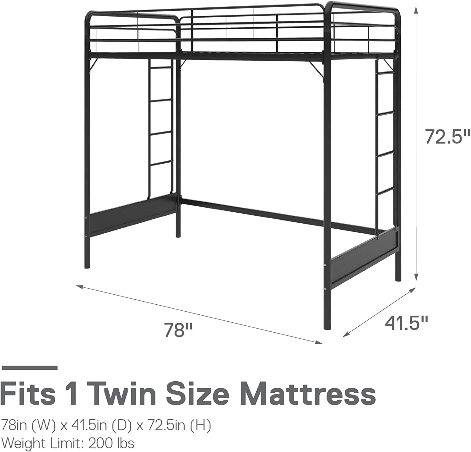 Colten Kid's Metal Loft Bed, Underbed Desk And Gaming Area, Two-Sided Ladder, Twin, Black
