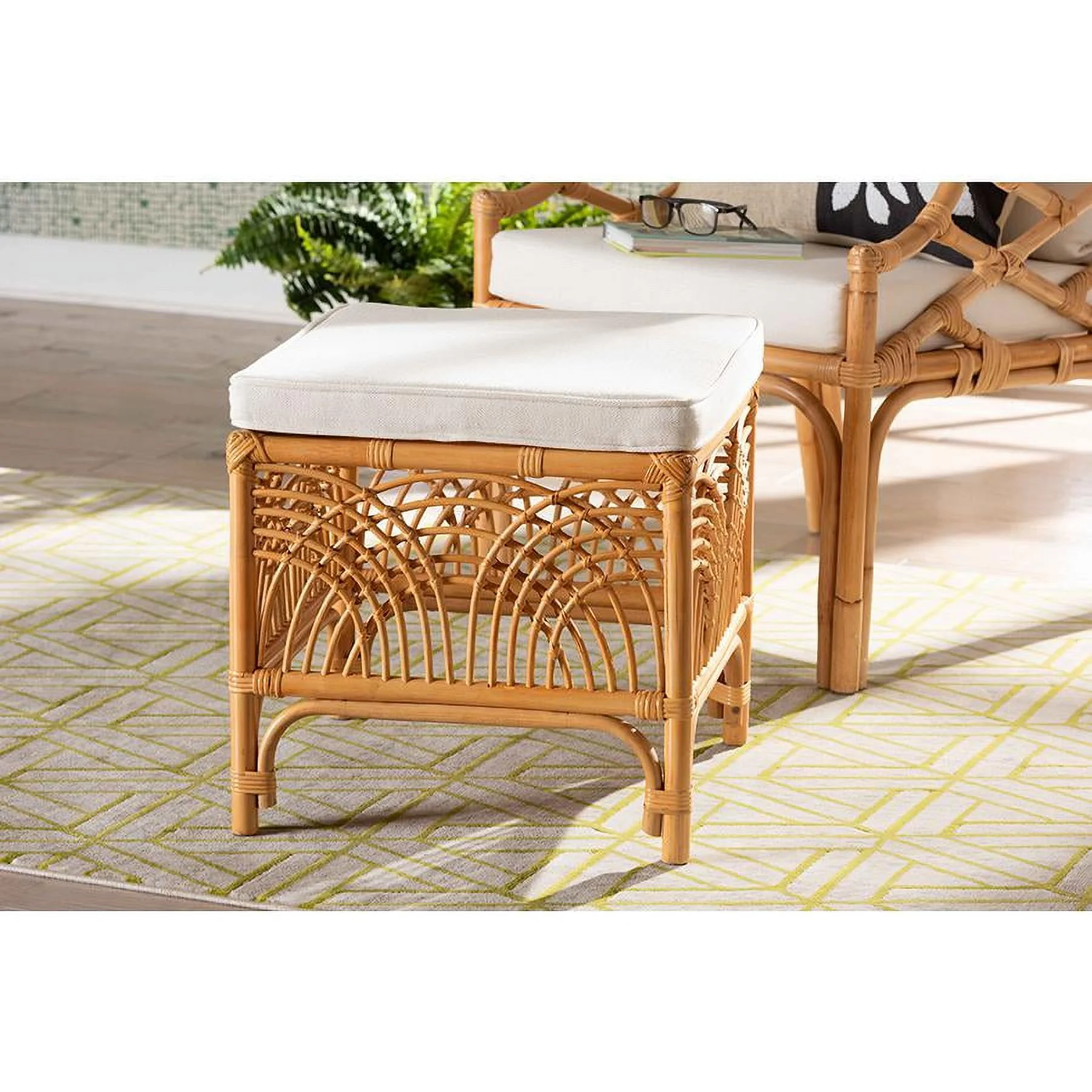 bali & pari Materra Modern Bohemian Rattan Footstool in Natural Brown