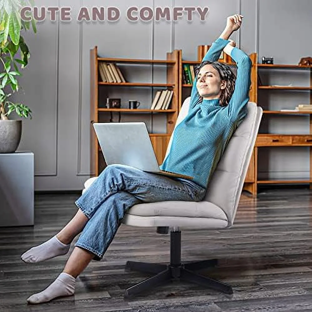 SJOINMB PU-Padded Armless Office Desk Chair No Wheels High-Back Wide Seat Home Chair 120° Rocking Cross Legged Computer Task Chairs Modern Adjustable Swivel Vanity Chairs (White)