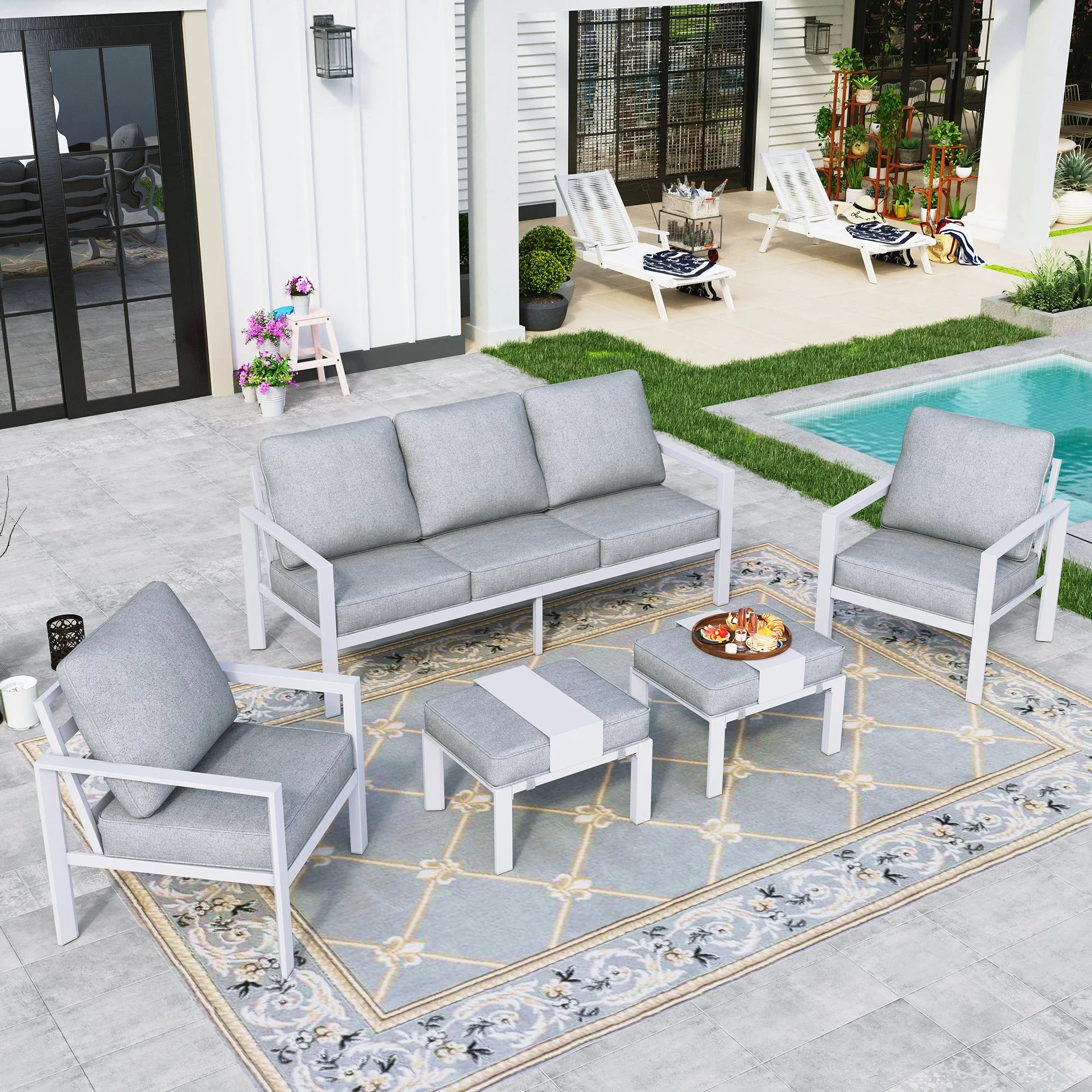 Sophia & William Patio Aluminum Conversation Set Outdoor White Frame Sofa &Table Funiture Set, Gray Cushions