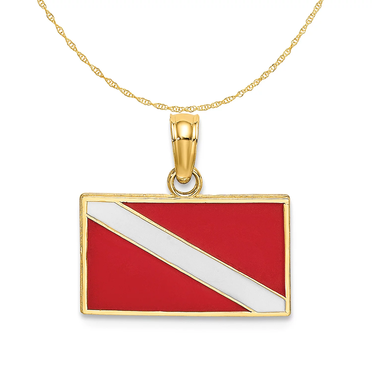 Carat in Karats 14K Yellow Gold Dive Flag With Red & Enamel Pendant Charm (14.7mm x 15.95mm) With 14K Yellow Gold Lightweight Rope Chain Necklace 20''