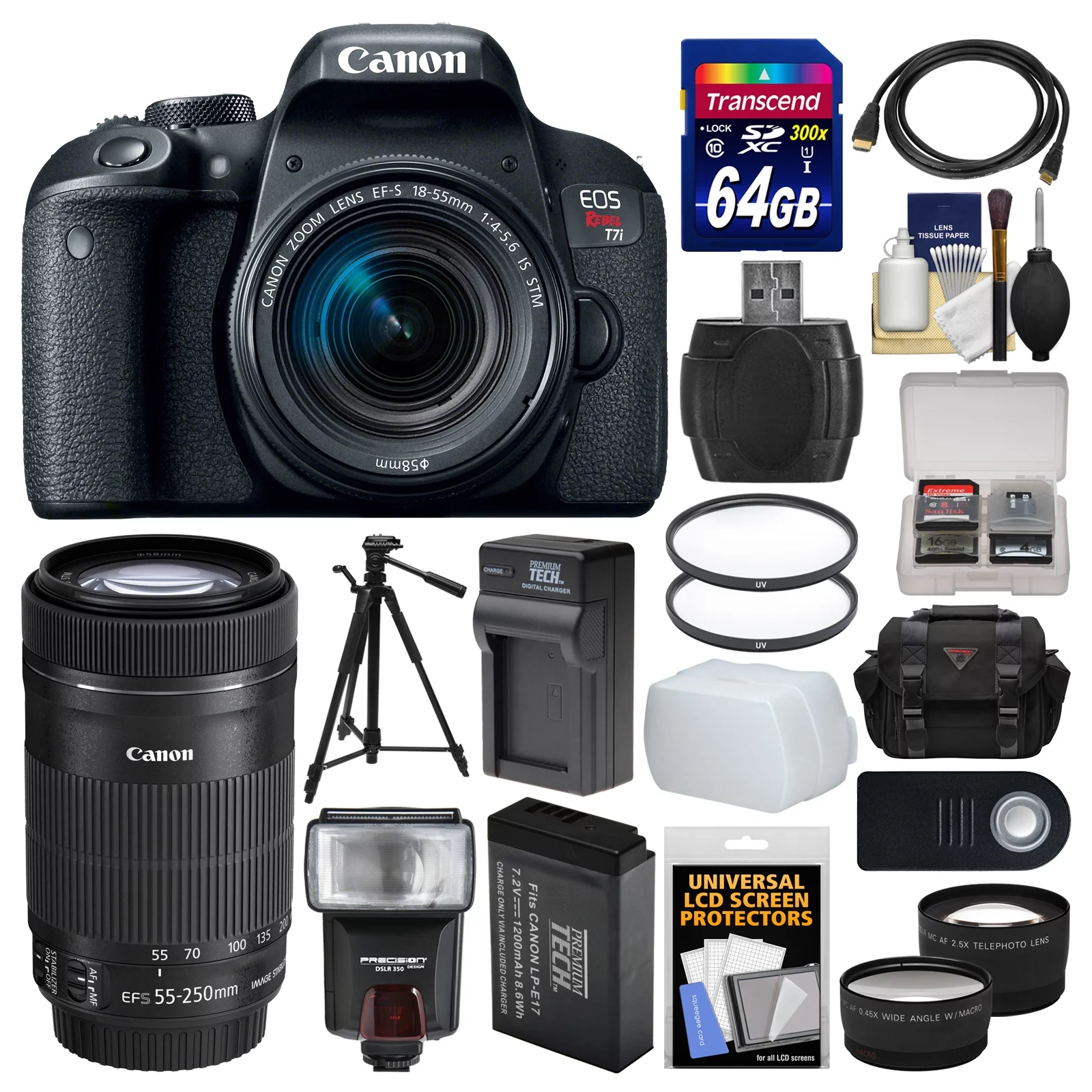 Canon EOS Rebel T7i/800D DSLR Camera with 18-55mm Lens   55-250mm IS STM Lens   64GB Card   Case   Flash   Tripod   2 Lens Kit