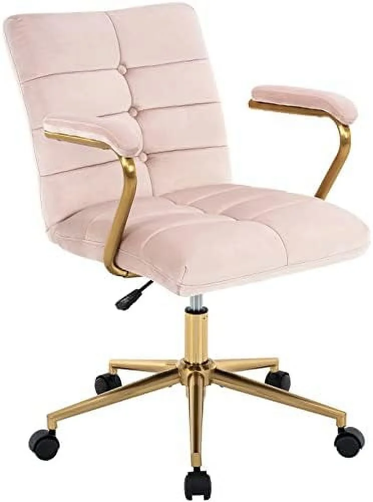 SQSFCB Velvet Home Office Desk Chair  Upholstered Adjustable Swivel Task Chair with Wheels  Tufted Mid-Back Computer Chair with Arms  for Study Living Room Vanity (Pink  Gold Base)