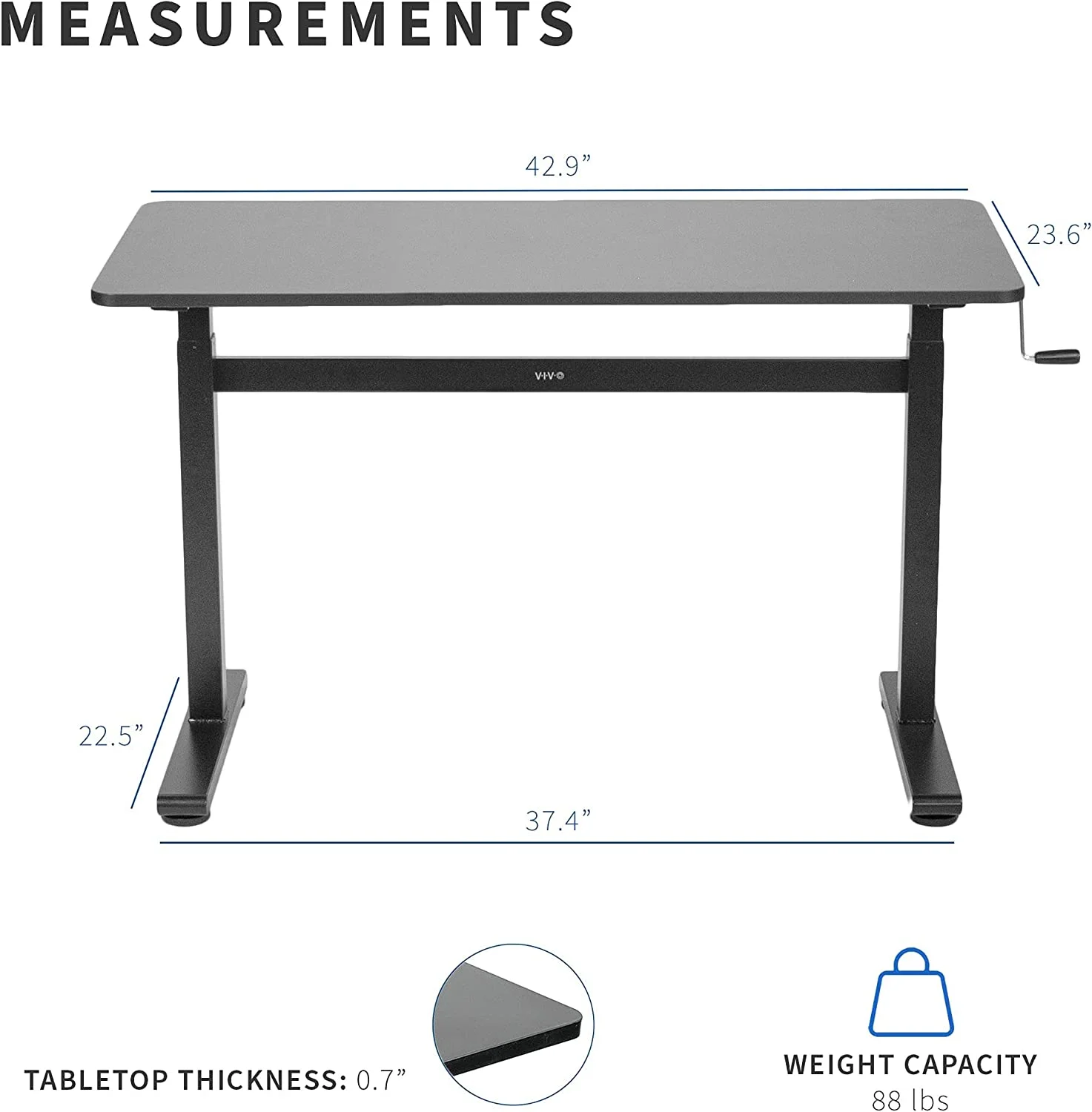 Standing Desk with Frame and Solid One-Piece Table Top, Height Adjustable, 43 x 24 inch