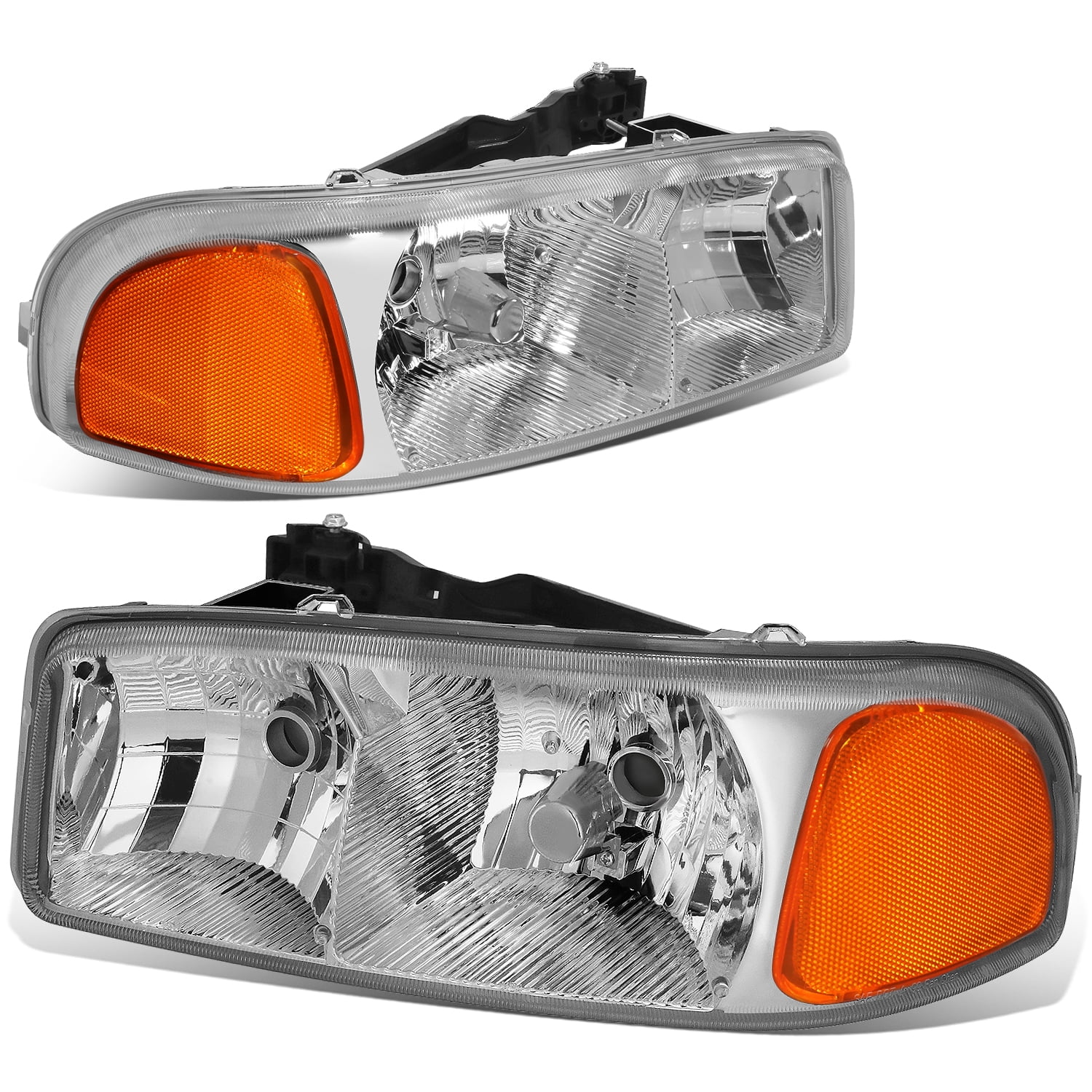 DNA Motoring HL-OH-SIE99-CH-AM For 1999 to 2007 GMC Sierra Yukon GMT800 OE Headlight Chrome Housing Amber Corner Headlamps 00 01 02 03 04 05 06