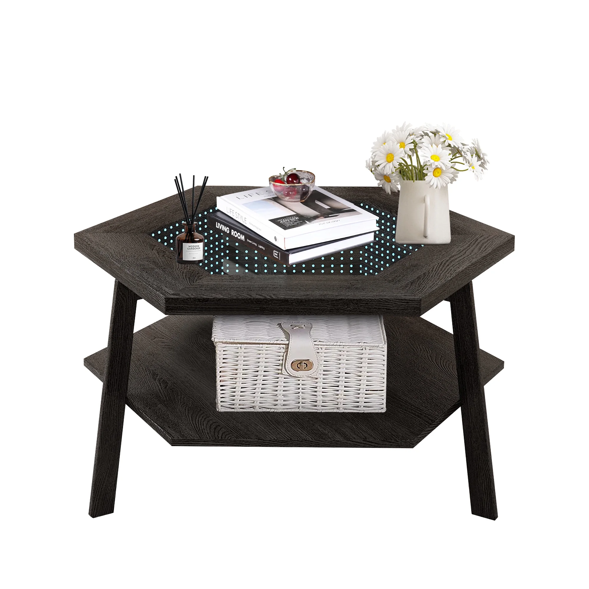 Modern Hexagon Smart Coffee Table with Voice-Activated LED Lights, Bluetooth - Living Room, Reception Room