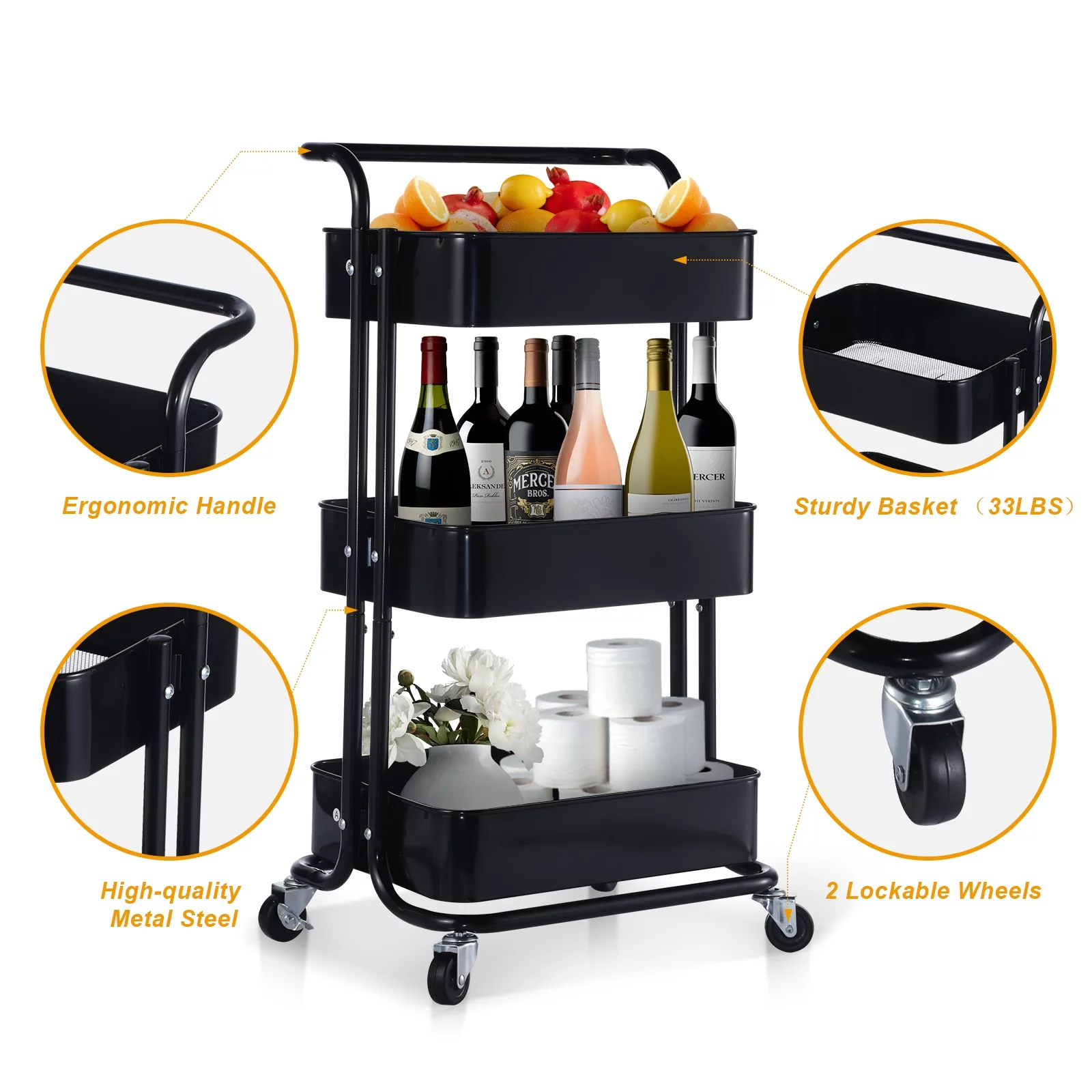 Adrinfly 3-Tier Metal Rolling Utility Cart, Heavy Duty Craft Cart with Wheels and Handle, Black