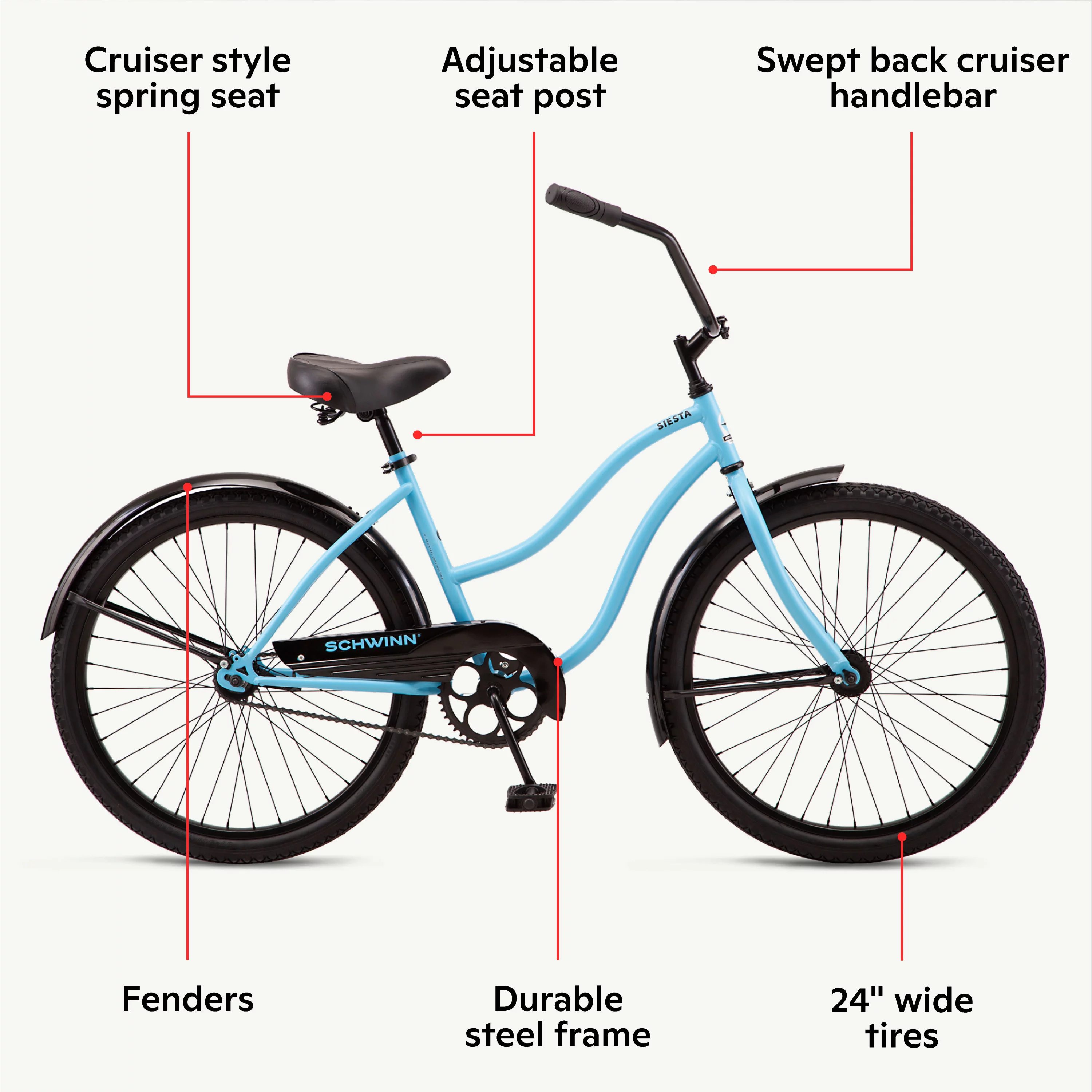 Schwinn Siesta cruiser bike, single speed, 24-inch wheels, sky blue, girls style