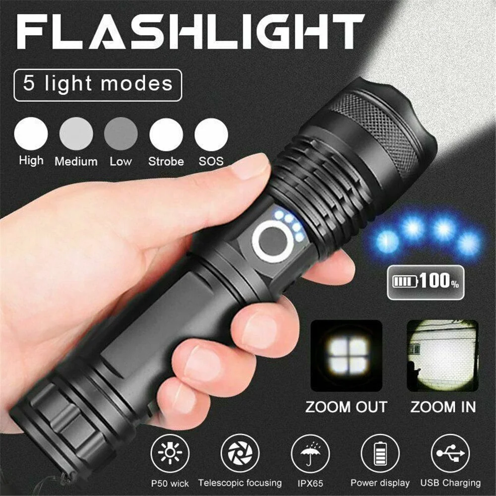 Powerful Flashlight, USB Rechargeable Waterproof XHP70 Searchlight Super Bright 5 Modes LED Flashlight Zoom Bar Torch for Hiking Hunting Camping Outdoor Sport (Battery Included)