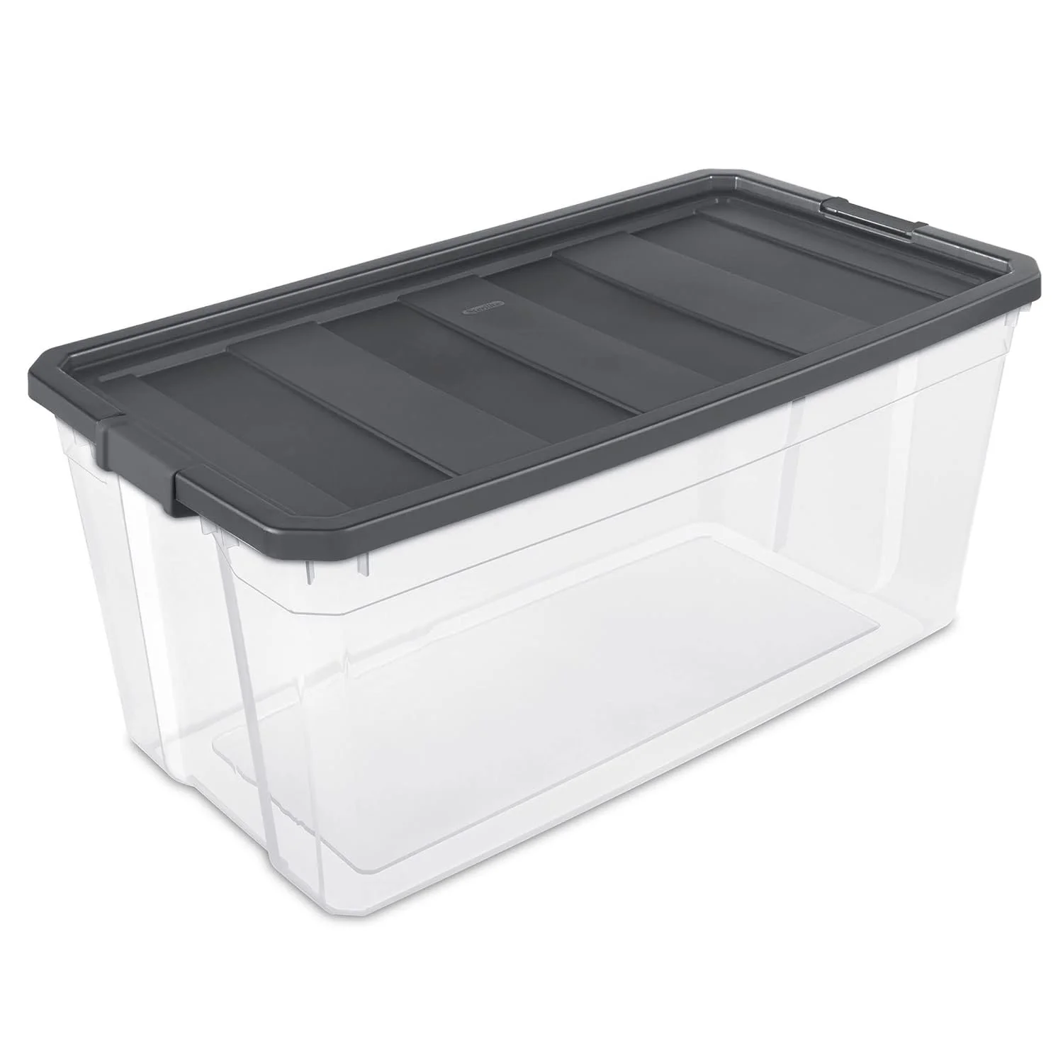 Sterilite 200 Quart Clear Plastic Modular Stacker Storage Bin Tote Container with Latching Lid, Clear Base, and Textured Sure-Grip Surface, Flat Grey