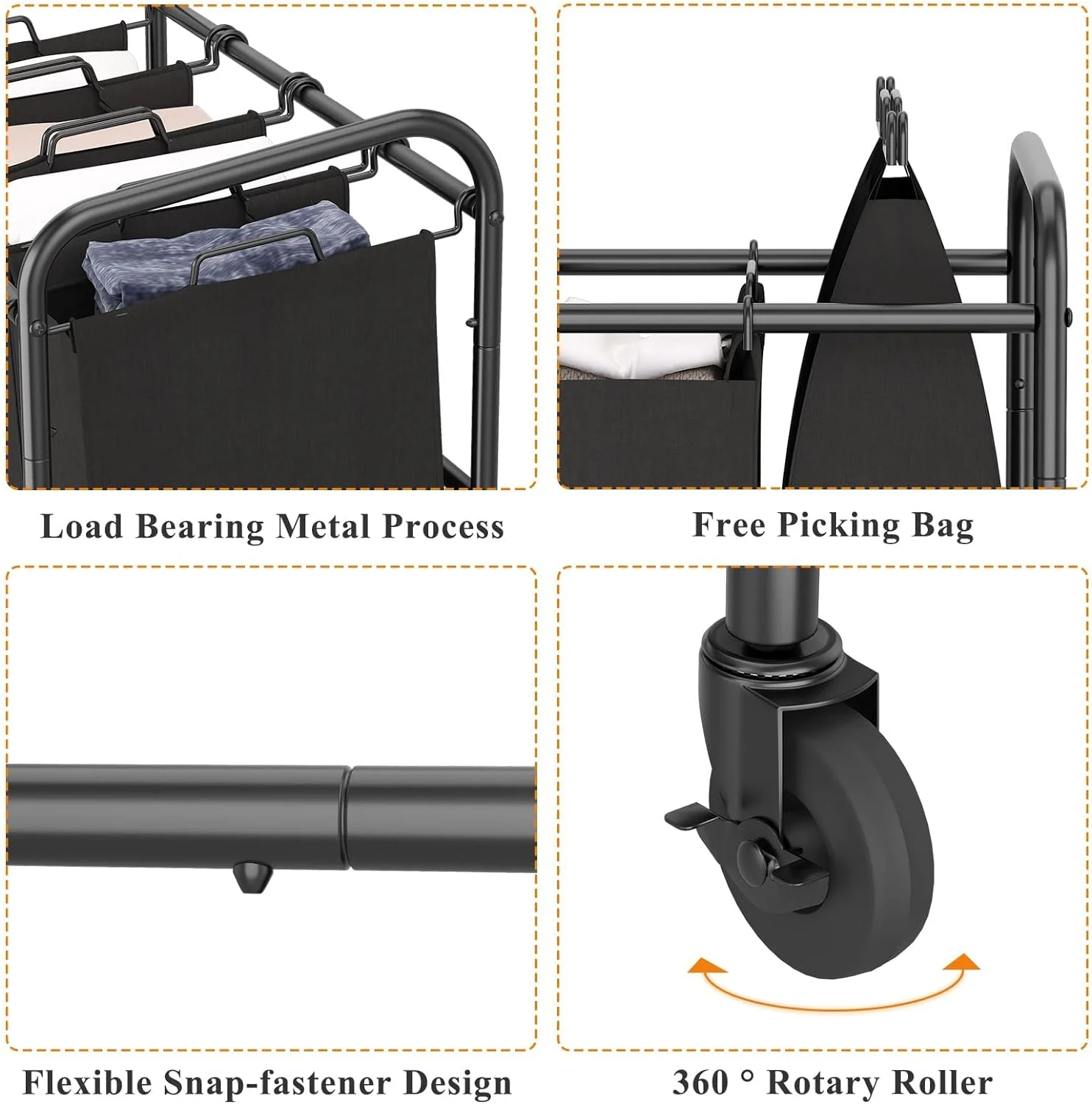 HOYRR  4 Bag Laundry Sorter Cart, Laundry Hamper Sorter with Heavy Duty Rolling Wheels and Removable Bags for Clothes Storage,Laundry Organizer Laundry Basket Laundry Clothes Hamper, Black