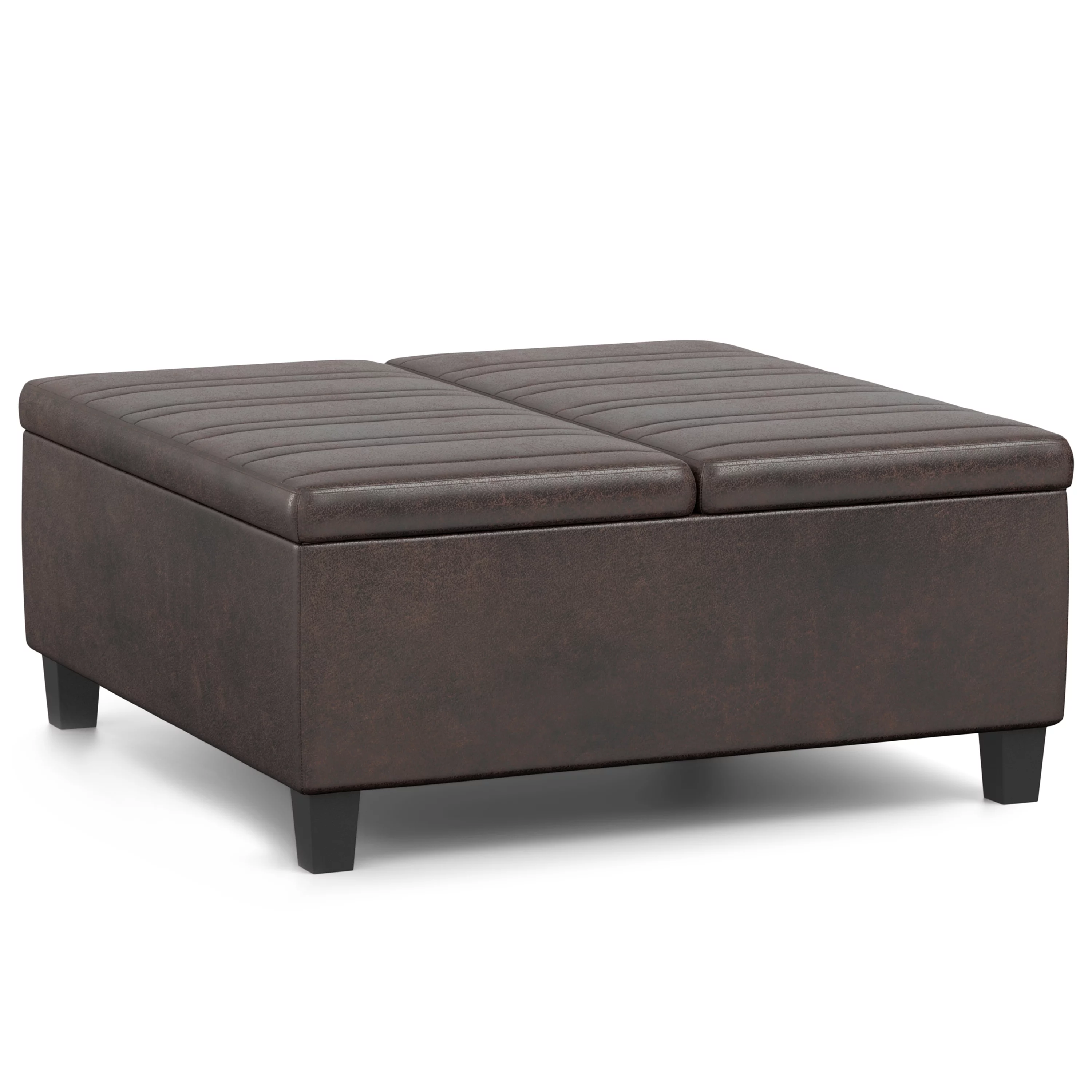 Simpli Home Ellis 36 inch Wide Contemporary Square Coffee Table Storage Ottoman in Distressed Brown Vegan Faux Leather
