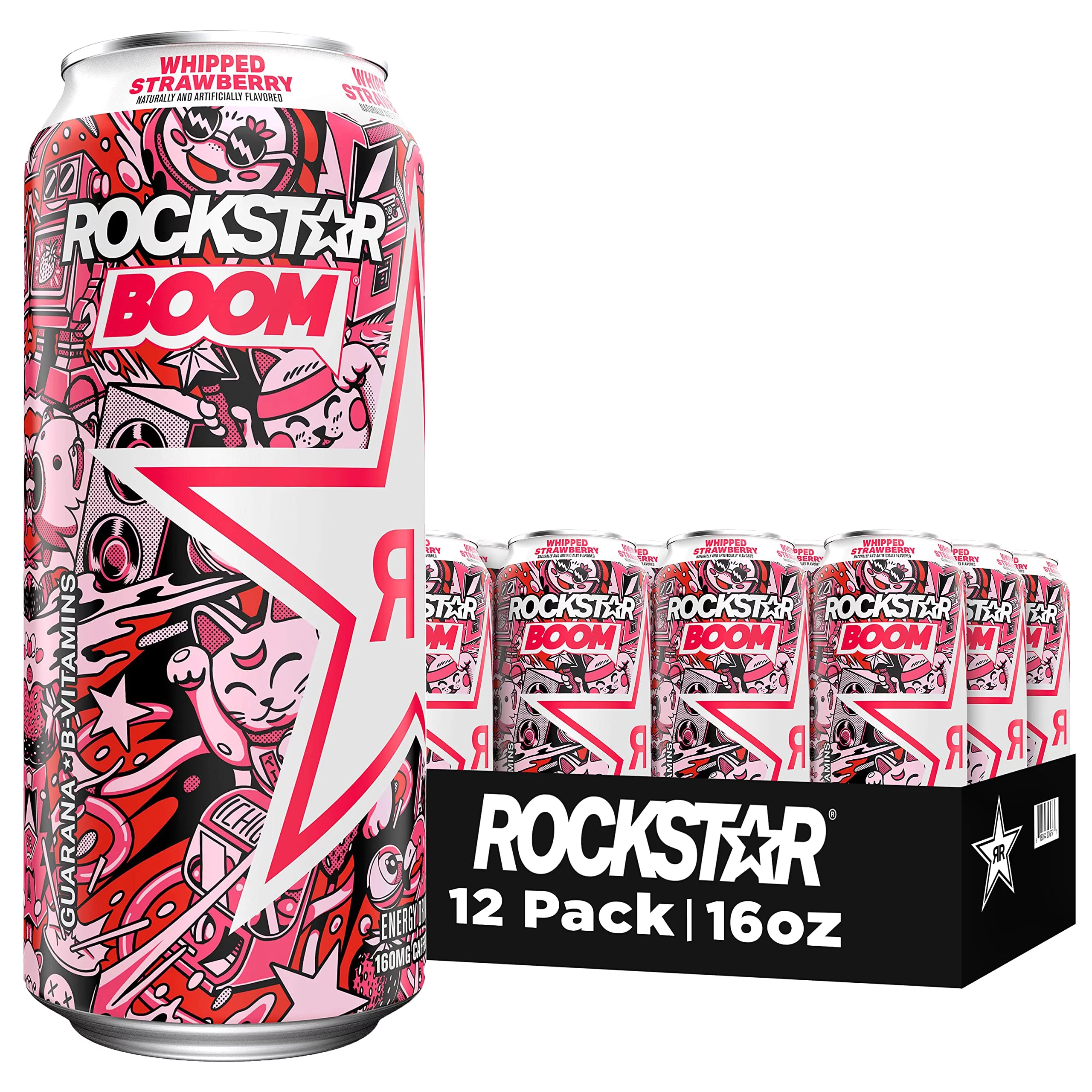 Rockstar, Boom Energy Drink With Caffeine And Taurine Packaging May Vary, Whipped Strawberry, 16 Fl Oz (Pack Of 12)