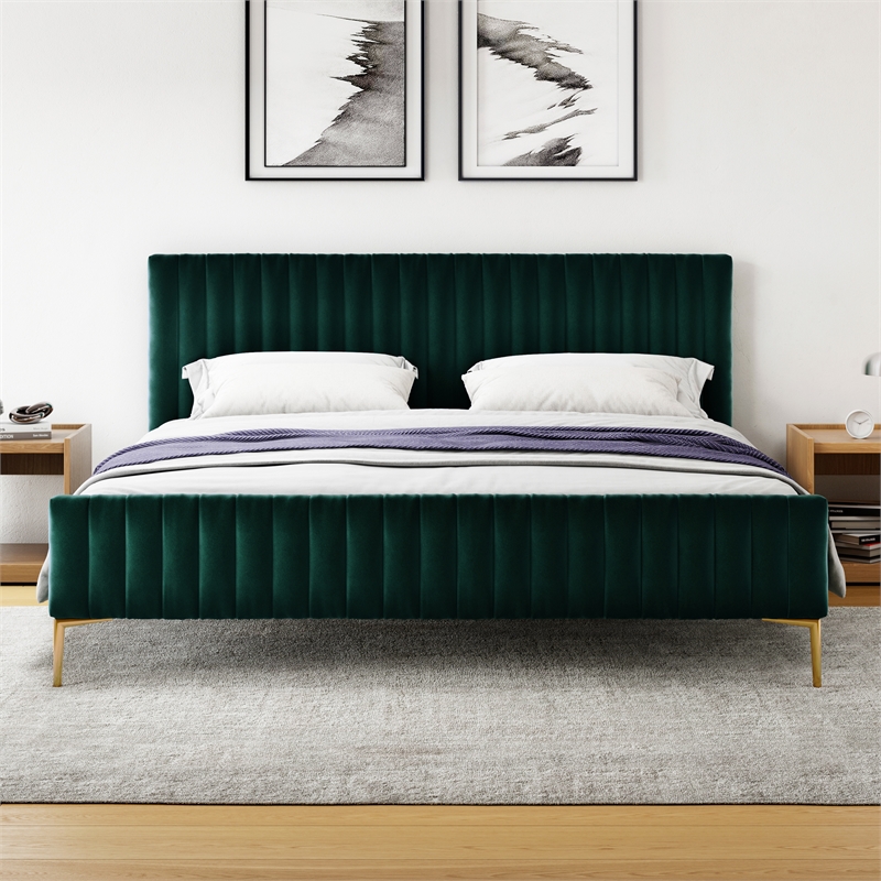Omax Decor Julia Upholstered Fabric King Platform Bed in Green Velvet