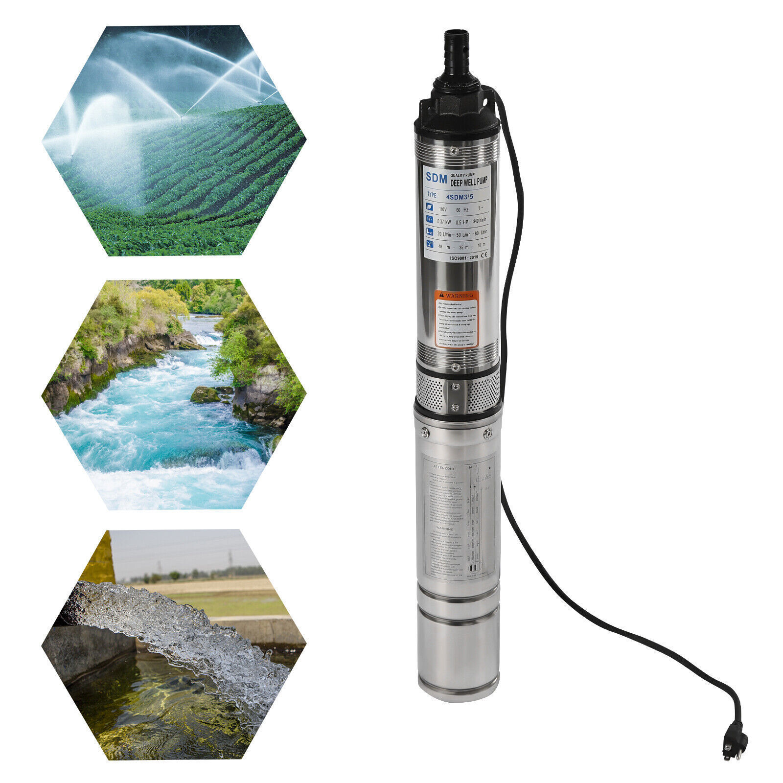 1/2HP 16GPM Submersible Pump,110V Stainless Steel 0.37KW,0.5HP Deep Well Pump 4SDM3/5 Silver Stainless Steel