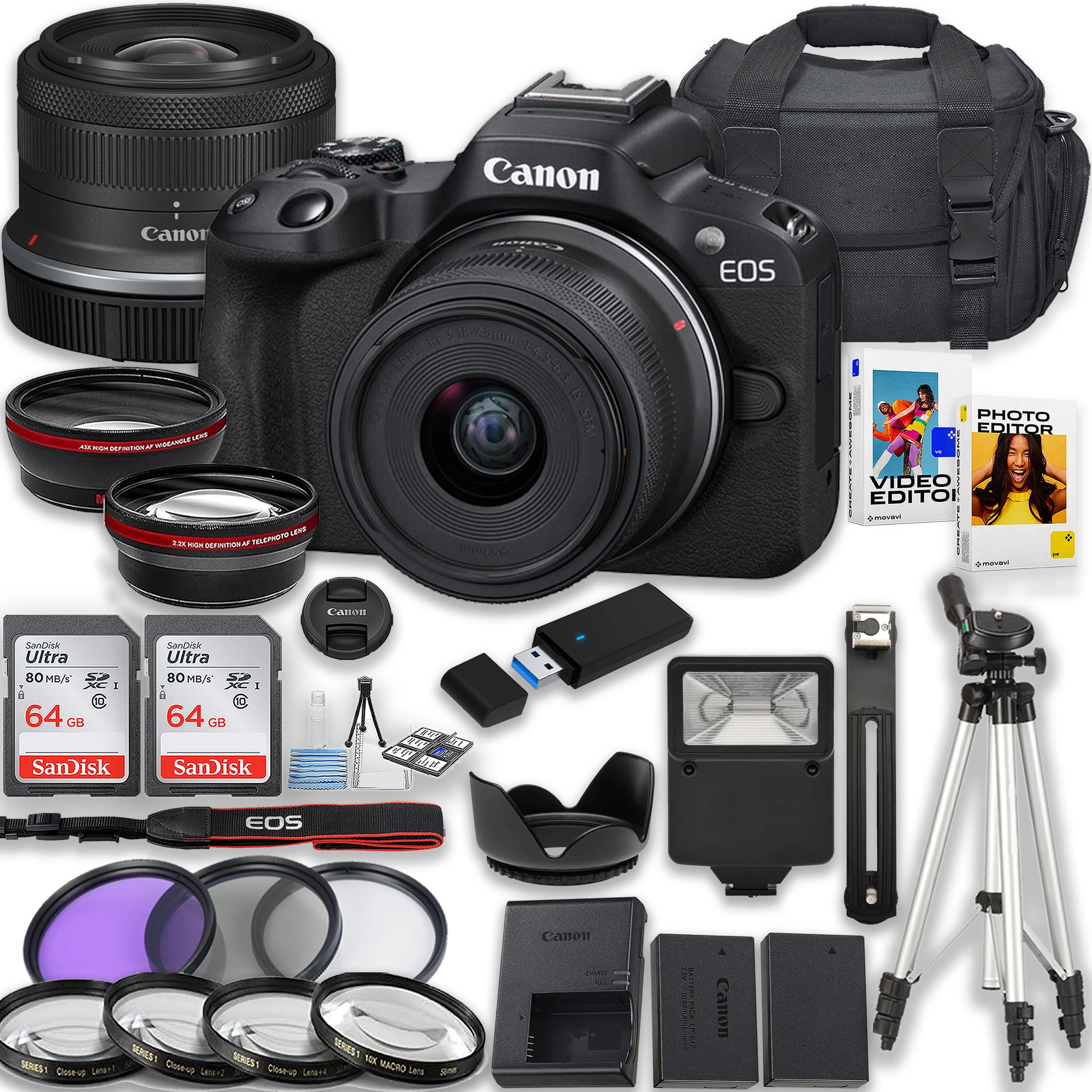 Canon EOS R50 Mirrorless Camera with Canon RF-S 18-45mm f/4.5-6.3 IS STM Lens + 2pc 64GB Memory Cards + Tripod + Flash + Filters & More