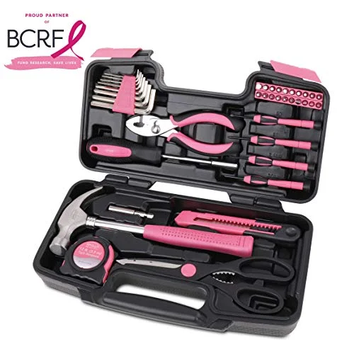APOLLO TOOLS Original 39 Piece General Household Tool set in Toolbox Storage Case with Essential Hand Tools for Everyday Home Repairs, DIY and Crafts Pink/Black - Pink Ribbon- DT9706P