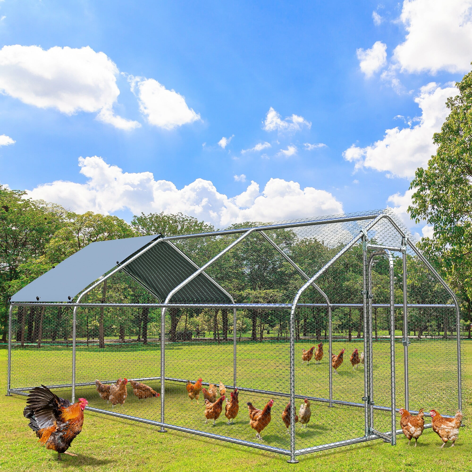 Large Metal Chicken Coop Walk-in Poultry Cage Hen Run with Waterproof and Anti-Ultraviolet Cover