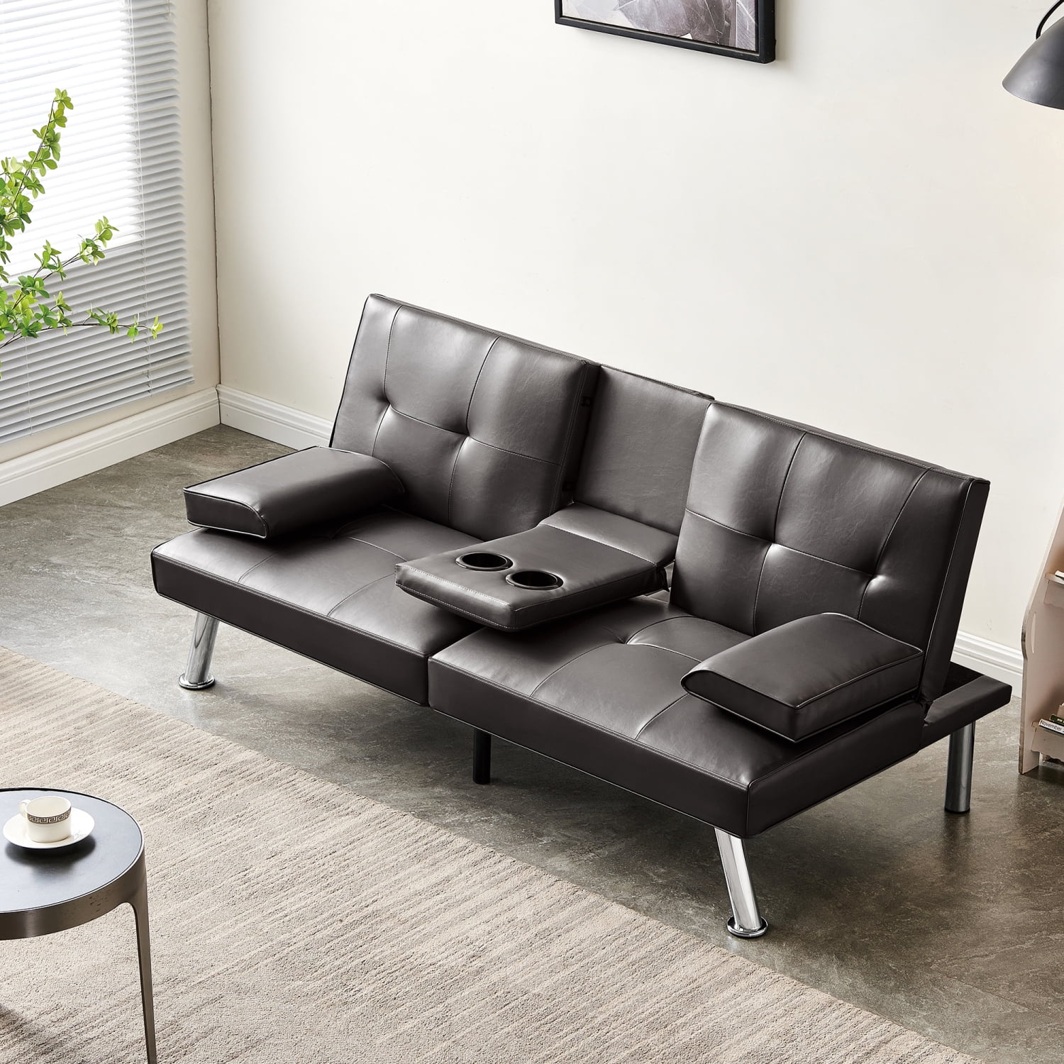 Convertible Sofa Bed Adjustable Couch Sleeper Modern Faux Leather Recliner Reversible Loveseat Folding Daybed Guest Bed  Removable Armrests  Cup Holders  3 Angles Brown.