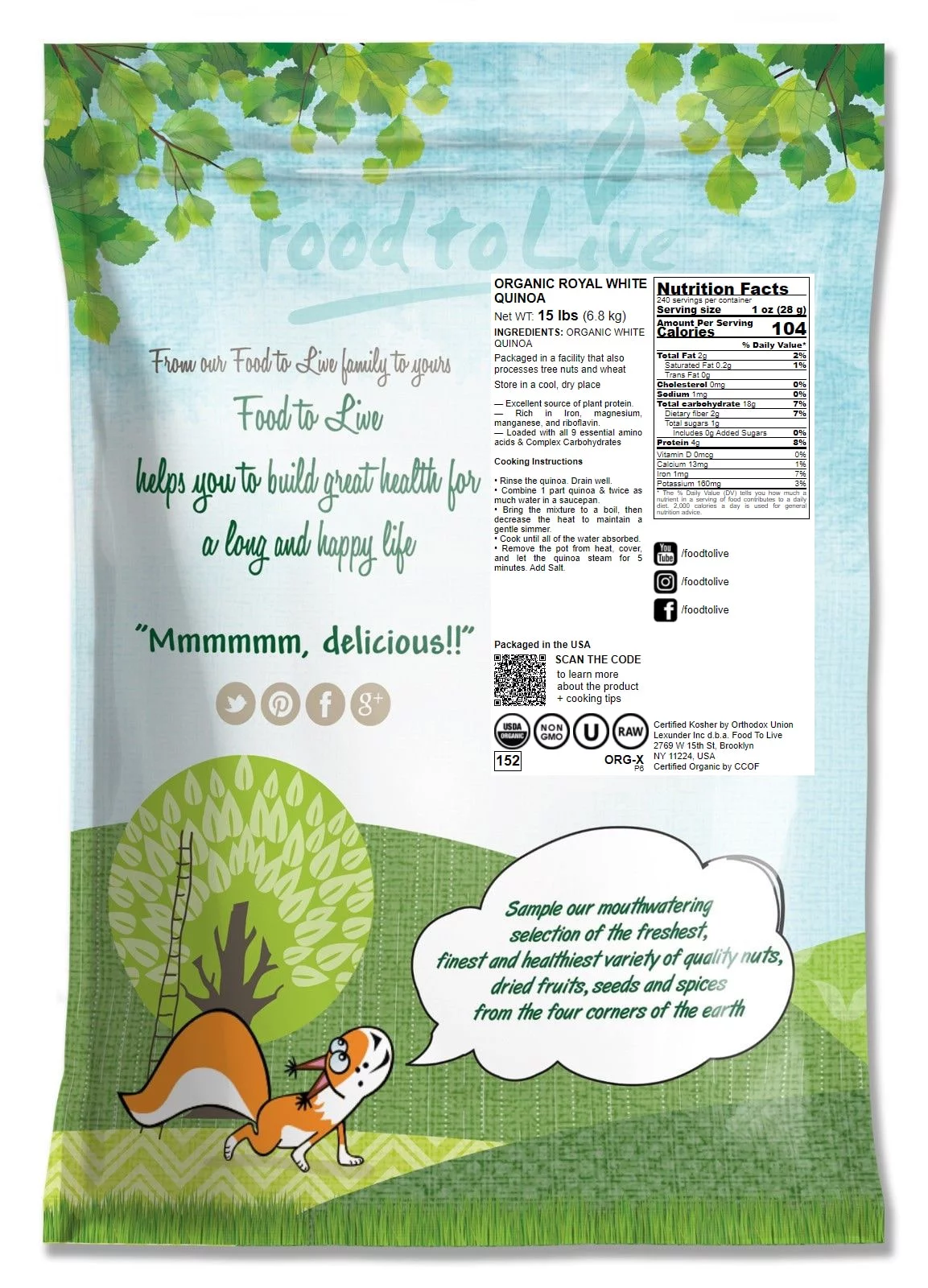 Organic Royal White Quinoa, 15 Pounds — Non-GMO, Kosher, Raw, Vegan — by Food to Live