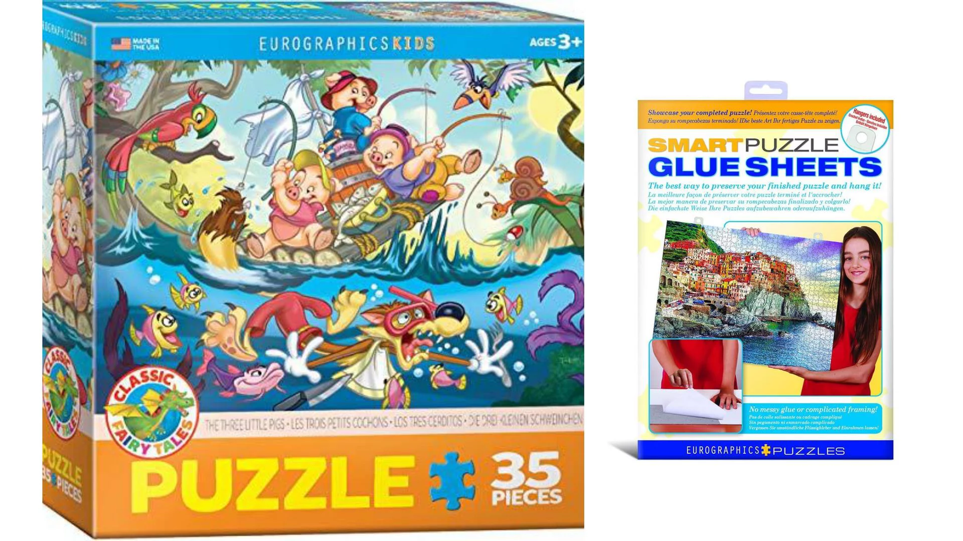 Bundle of 2 |EuroGraphics 35-Piece Classicic Fairy Tales The Three Little Pigs Puzzle + Smart Puzzle Glue Sheets