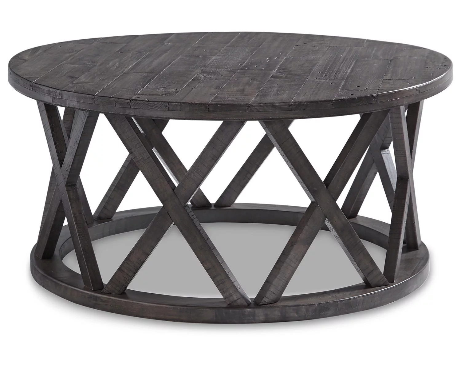 Signature Design by Ashley Sharzane Rustic Round Solid Wood Pine Coffee Table, Weathered Gray Finish
