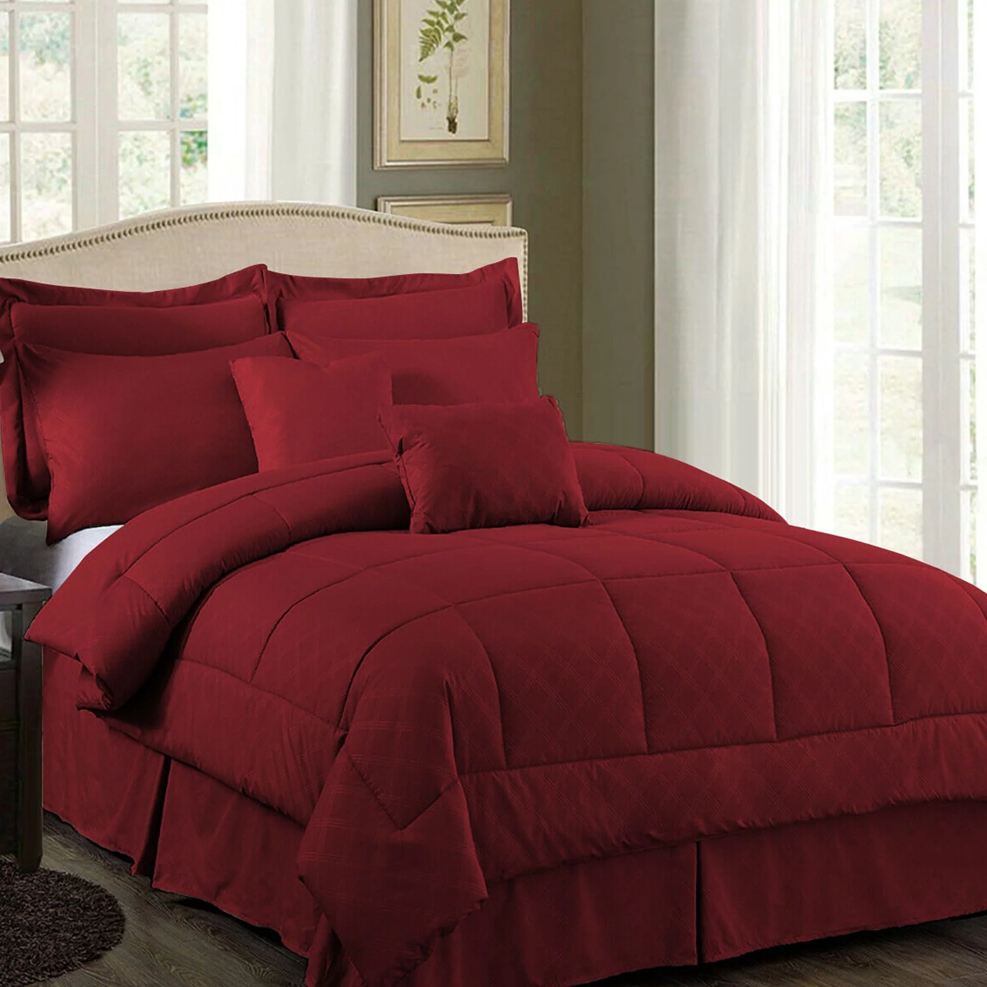 10 Piece Bed In A Bag Comforter Set Plaid Embossed Queen Burgandy