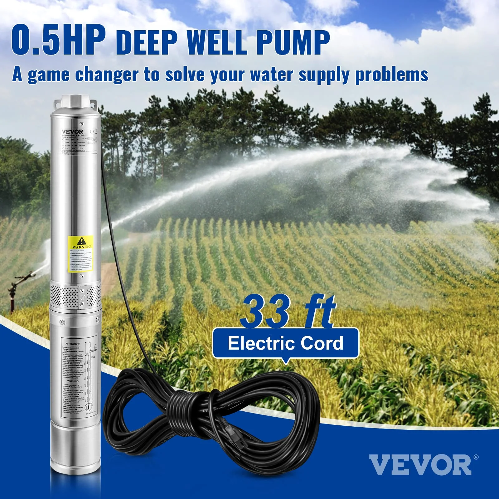 Vevor SJQSBNZMC05HPPECMV1 Deep Well Submersible Pump, 0.5 HP 115V&60Hz, 28gpm Flow 167 ft. Head