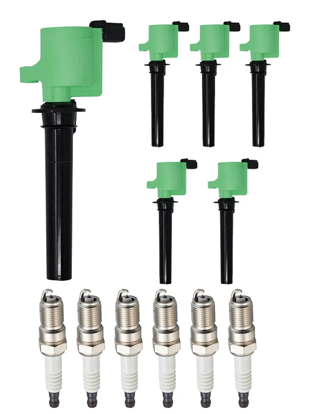 Set of 6 ISA Brand Green Color Ignition Coils and Spark Plug Compatible with 2000 Ford Taurus SE Comfort Wagon 4-Door 3.0L V6 Replacement for DG513 FD502