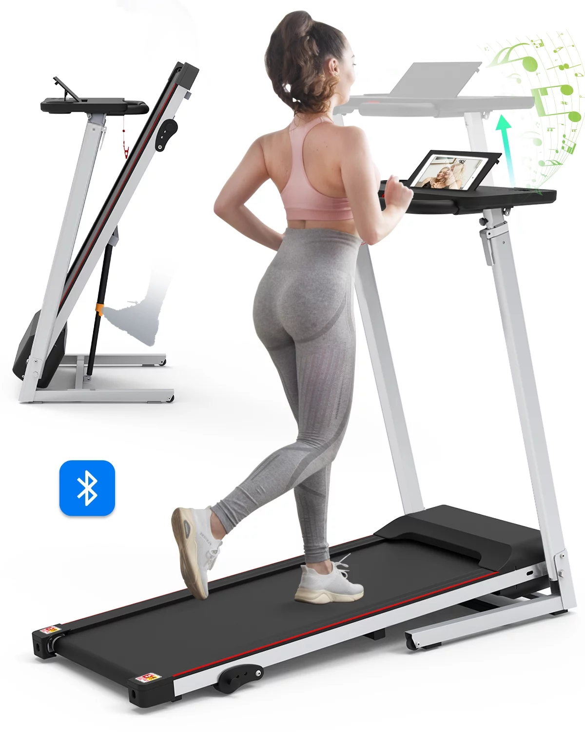 FYC 2.5HP Folding Treadmill with Adjustable Height Desk & Incline - Compact Electric Treadmill with Bluetooth Speaker for Running Walking Foldable Portable Running Machine for Home Office (Silver)