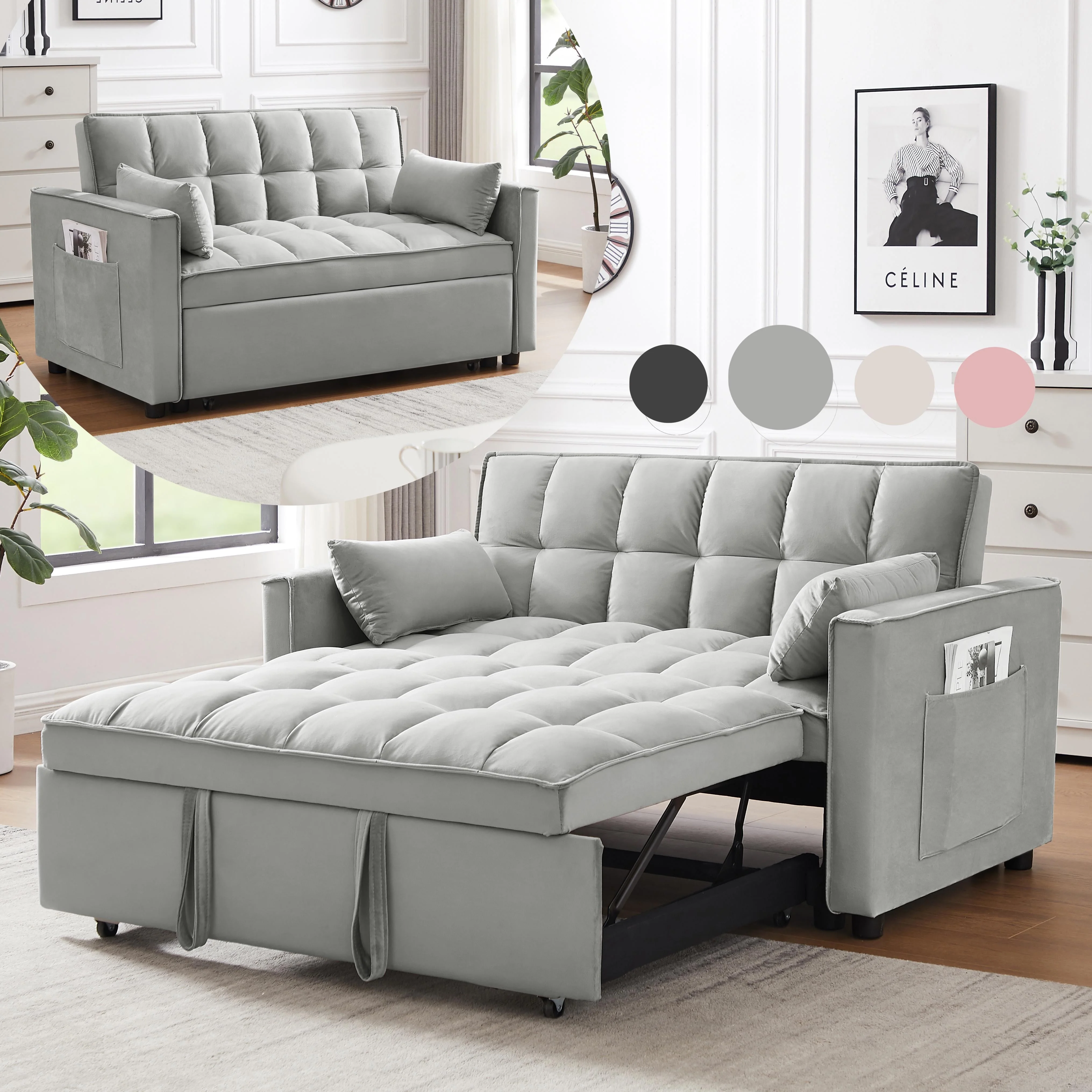 Bellemave Sleeper Sofa Bed 3-in-1 Convertible Couch with Pullout Bed, Futon 2-Seater Loveseat with Toss Pillows and Storage Pockets, 3 Level Adjustable Backrest Sofa for Living Room （Gray）