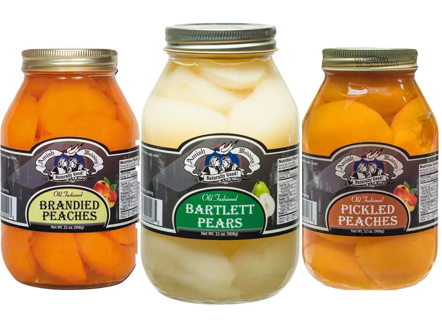 Amish Wedding Foods Brandied Peach Halves, Pickled Peach Halves & Pears Variety 3-Pack 32 oz. Jars