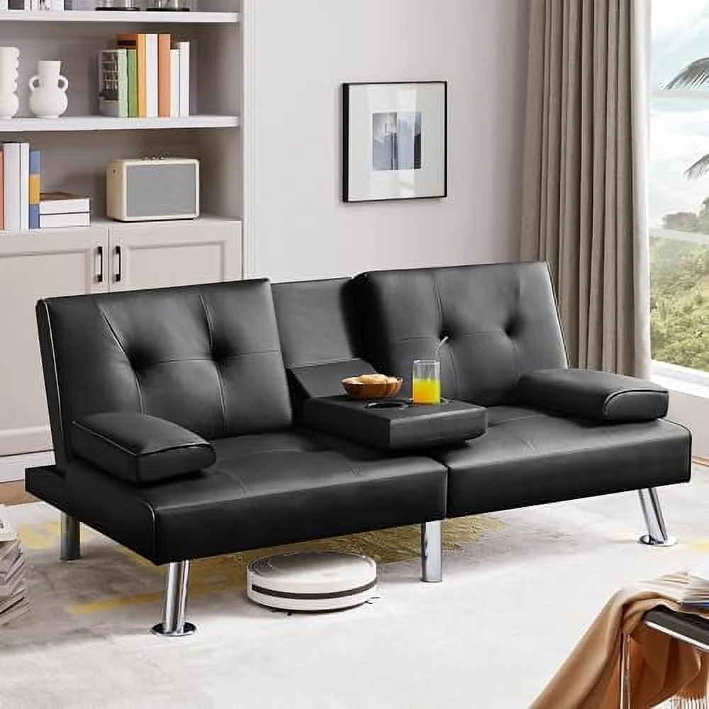 JDZHAPPYLIFE Convertible Sofa Bed Adjustable Couch Sleeper Modern Faux Leather Recliner Reversible Loveseat Folding Daybed Guest Bed  Removable Armrests  Cup Holders  3 Angles  772lb Capa